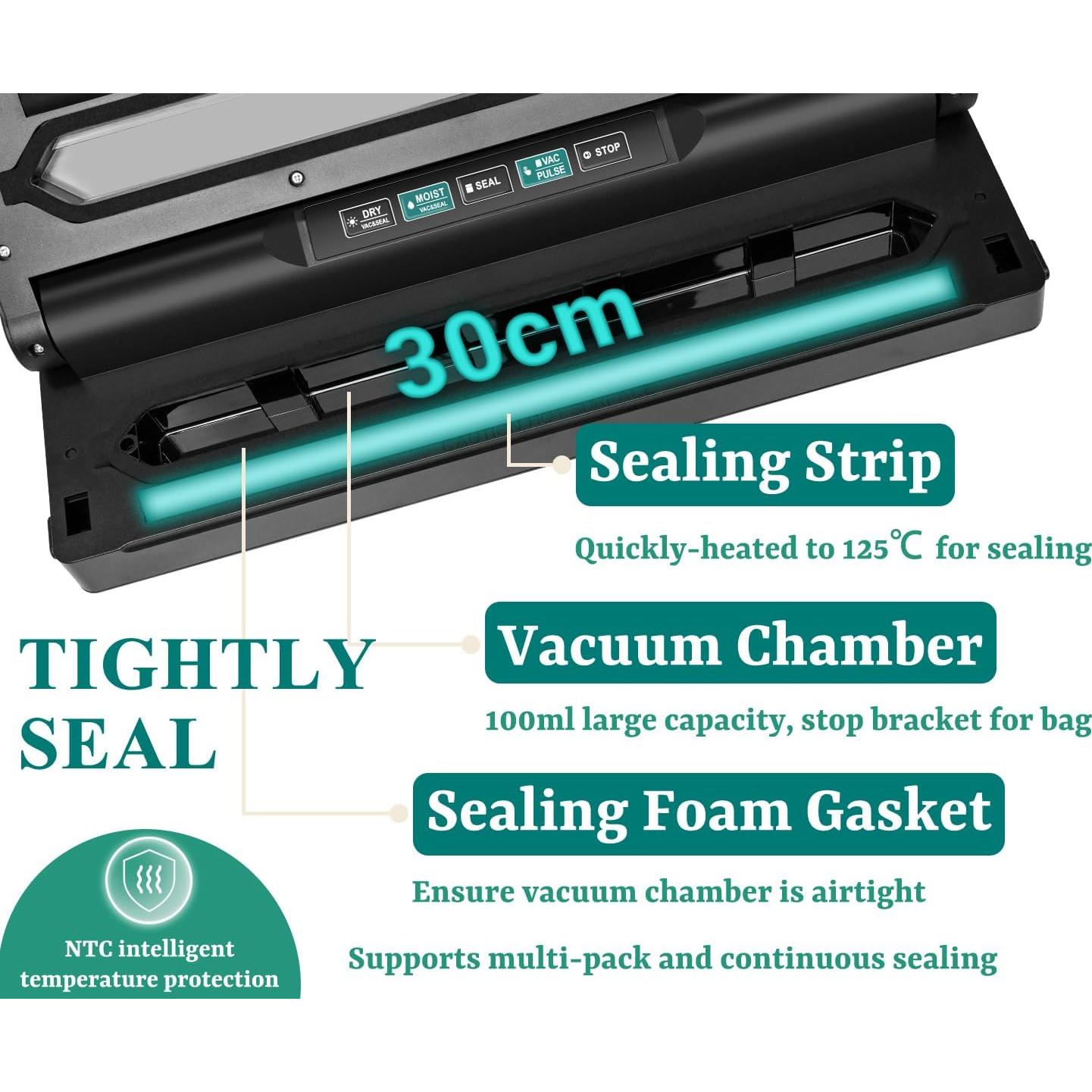 Vacuum Sealer Machine, 6-in-1 Compact Food Sealer Automatic Air Sealing System For Food Storage With Cutter and 11" x 9.8' Black Roll, One-Click Dry & Moist Vac Seal Mode