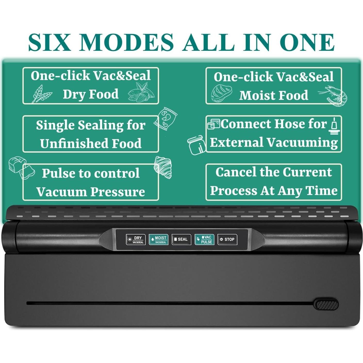 Vacuum Sealer Machine, 6-in-1 Compact Food Sealer Automatic Air Sealing System For Food Storage With Cutter and 11" x 9.8' Black Roll, One-Click Dry & Moist Vac Seal Mode