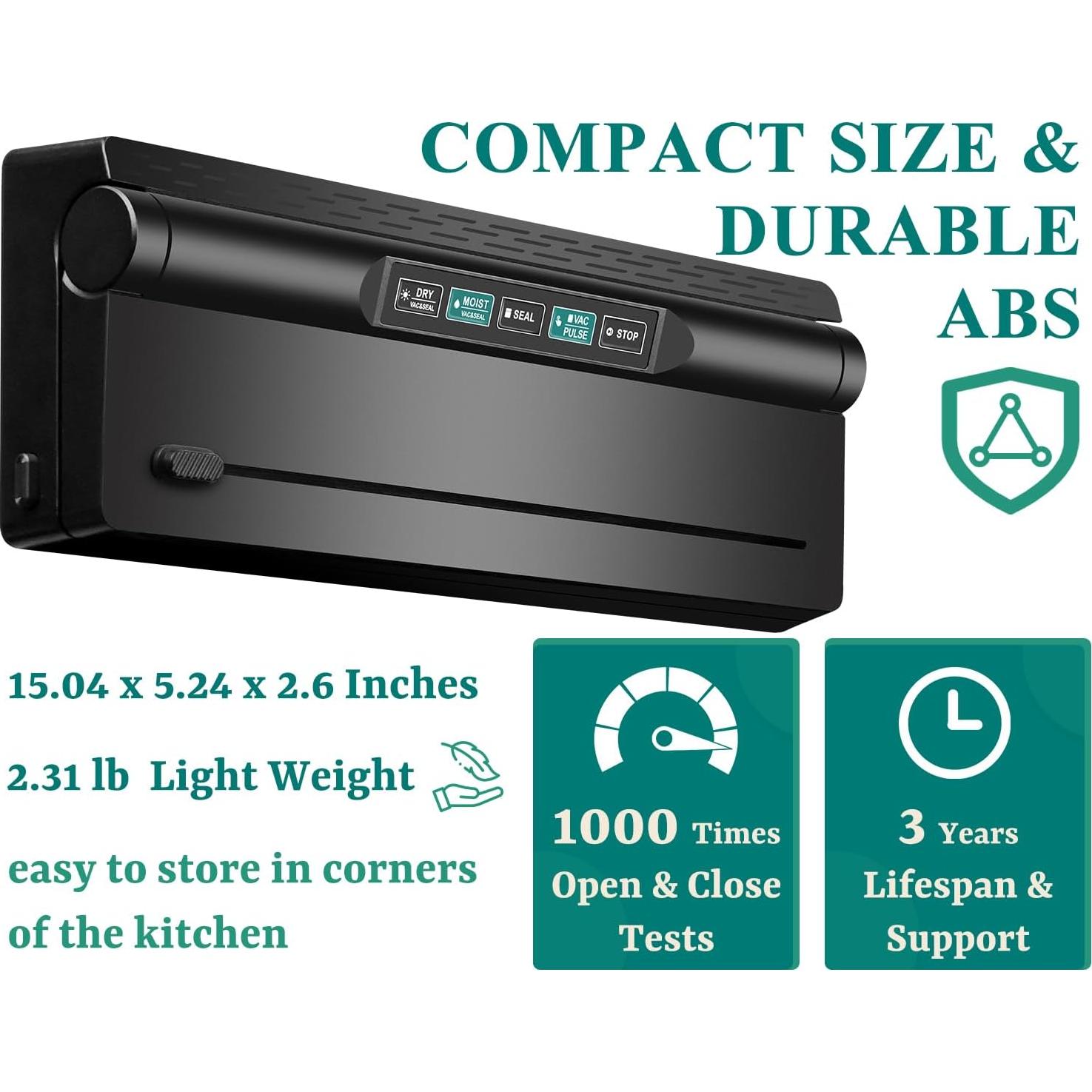 Vacuum Sealer Machine, 6-in-1 Compact Food Sealer Automatic Air Sealing System For Food Storage With Cutter and 11" x 9.8' Black Roll, One-Click Dry & Moist Vac Seal Mode