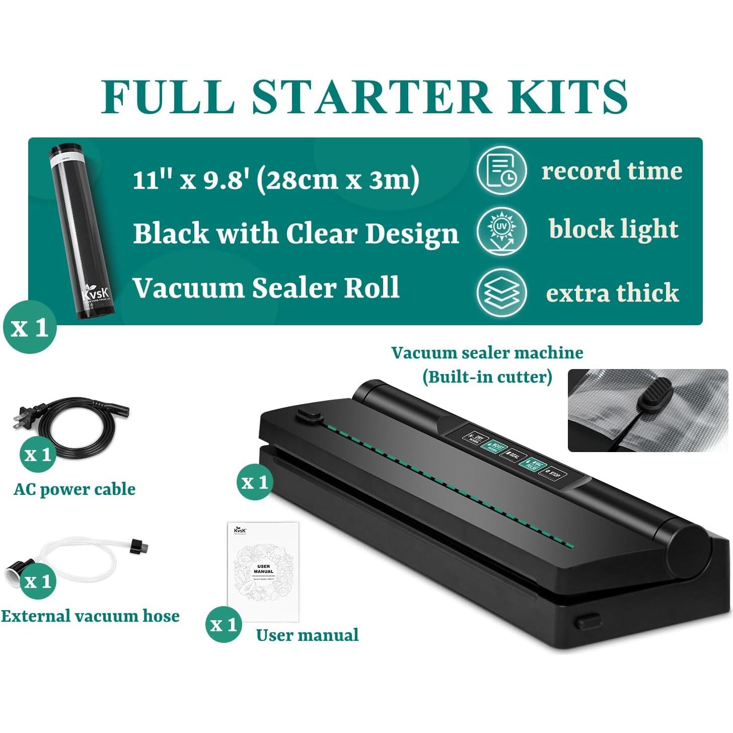 Vacuum Sealer Machine, 6-in-1 Compact Food Sealer Automatic Air Sealing System For Food Storage With Cutter and 11" x 9.8' Black Roll, One-Click Dry & Moist Vac Seal Mode