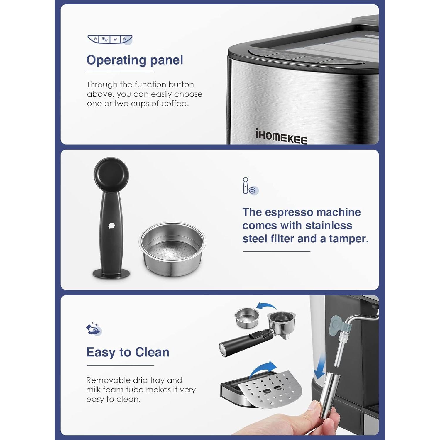 Máquina de Espresso Ihomekee CM6826T 15 Bar Semiautomática