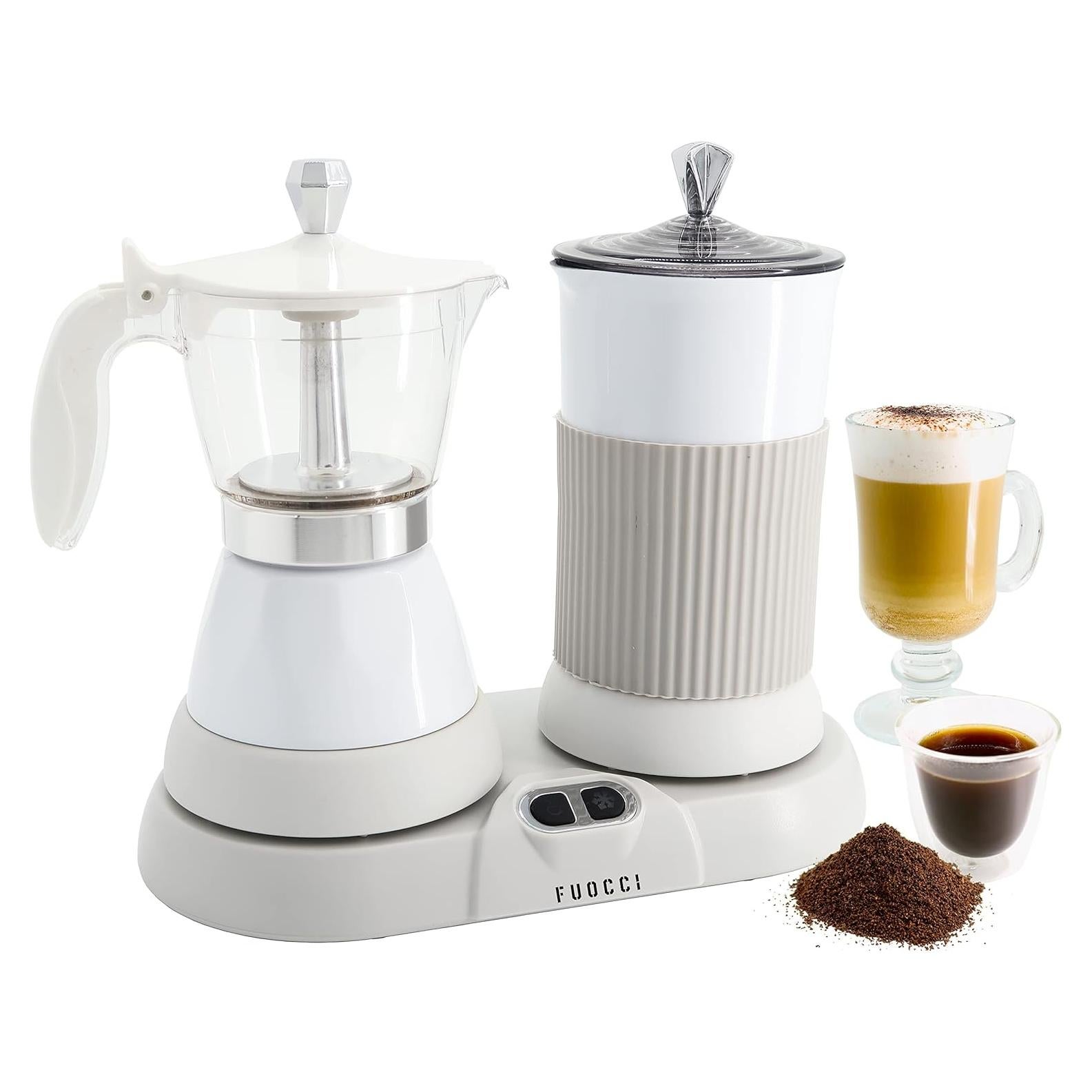 Electric Moka Pot with Milk Frother – 3-Cup (150 ml) Modern Espresso Maker for Coffee, Cappuccino, Latte, Mocha & Cuban, White