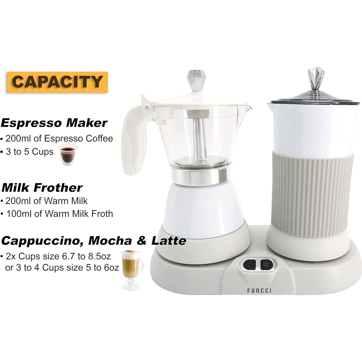 Electric Moka Pot with Milk Frother – 3-Cup (150 ml) Modern Espresso Maker for Coffee, Cappuccino, Latte, Mocha & Cuban, White