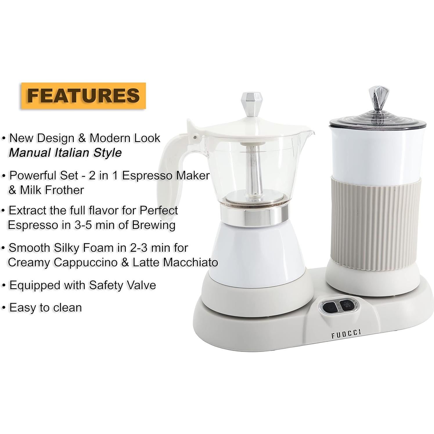 Electric Moka Pot with Milk Frother – 3-Cup (150 ml) Modern Espresso Maker for Coffee, Cappuccino, Latte, Mocha & Cuban, White