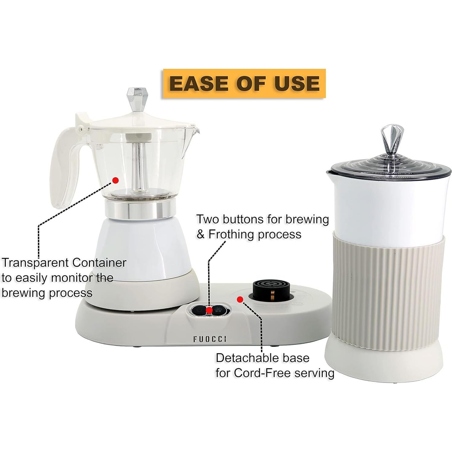 Electric Moka Pot with Milk Frother – 3-Cup (150 ml) Modern Espresso Maker for Coffee, Cappuccino, Latte, Mocha & Cuban, White