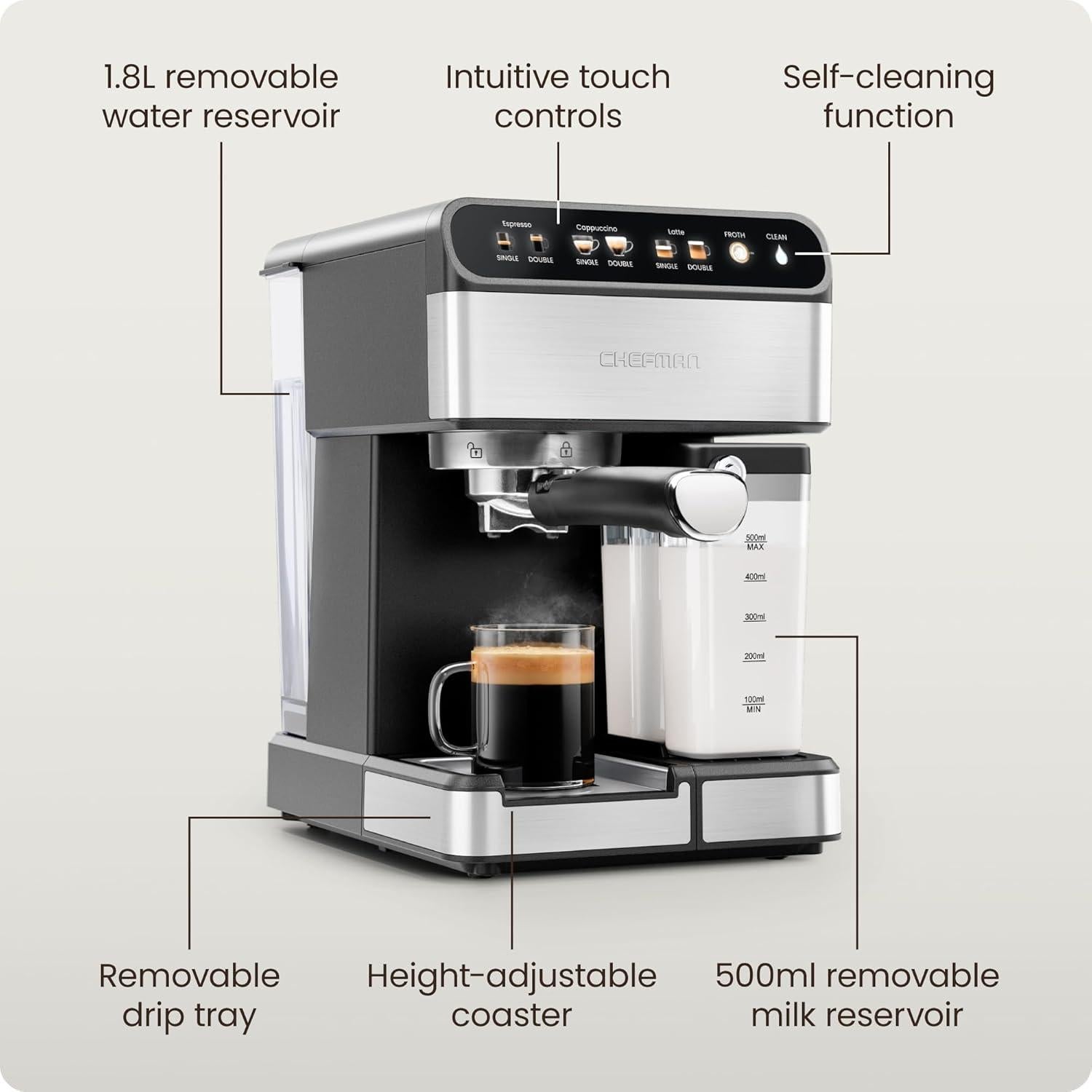 Cafetera Espresso Chefman RJ54-I-SV-AM con Espumador 1.8L