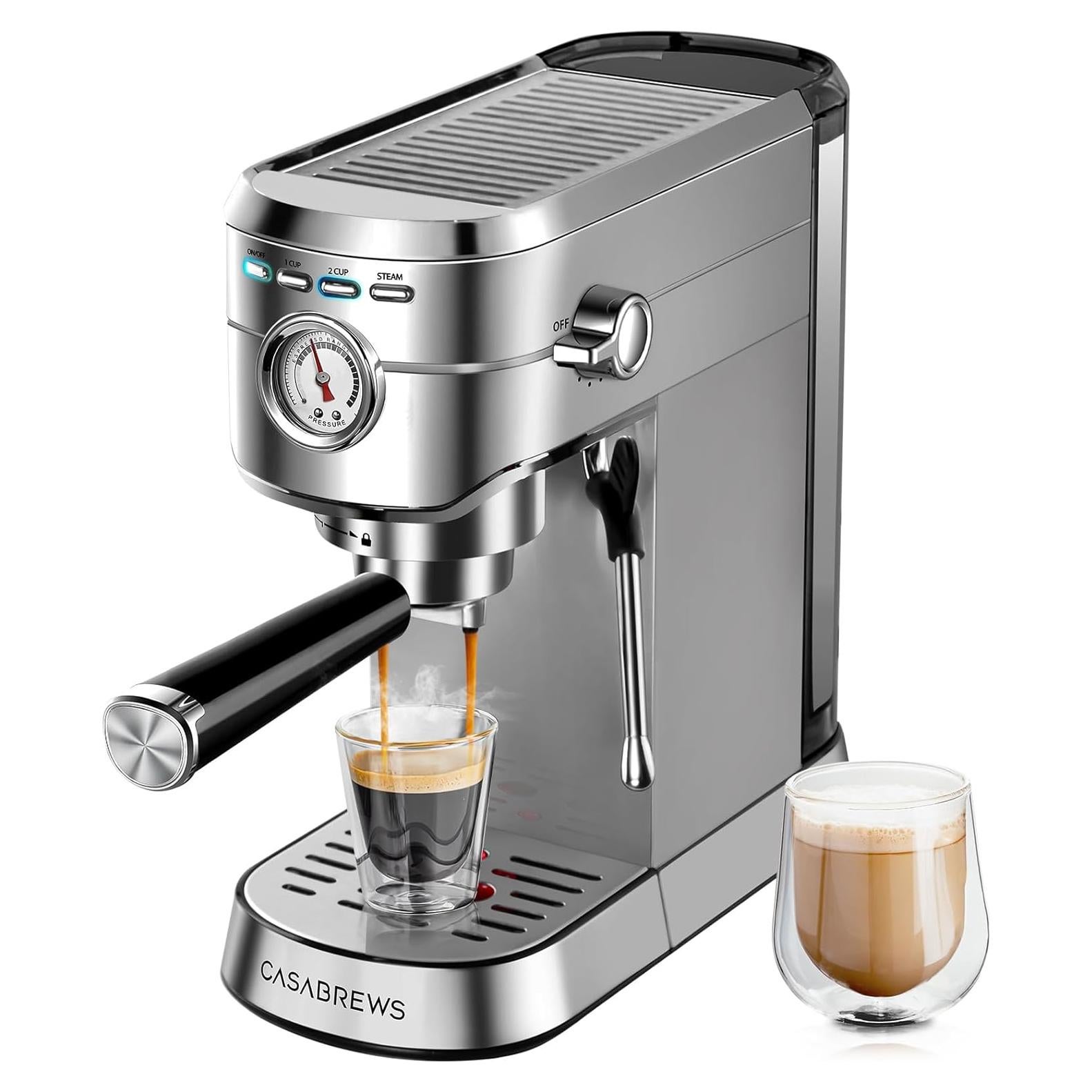 CASABREWS Espresso Machine 20 Bar, Compact Coffee Maker with 34oz Water Tank, Professional Cappuccino & Latte Machine with Milk Frother for Home, Stainless Steel
