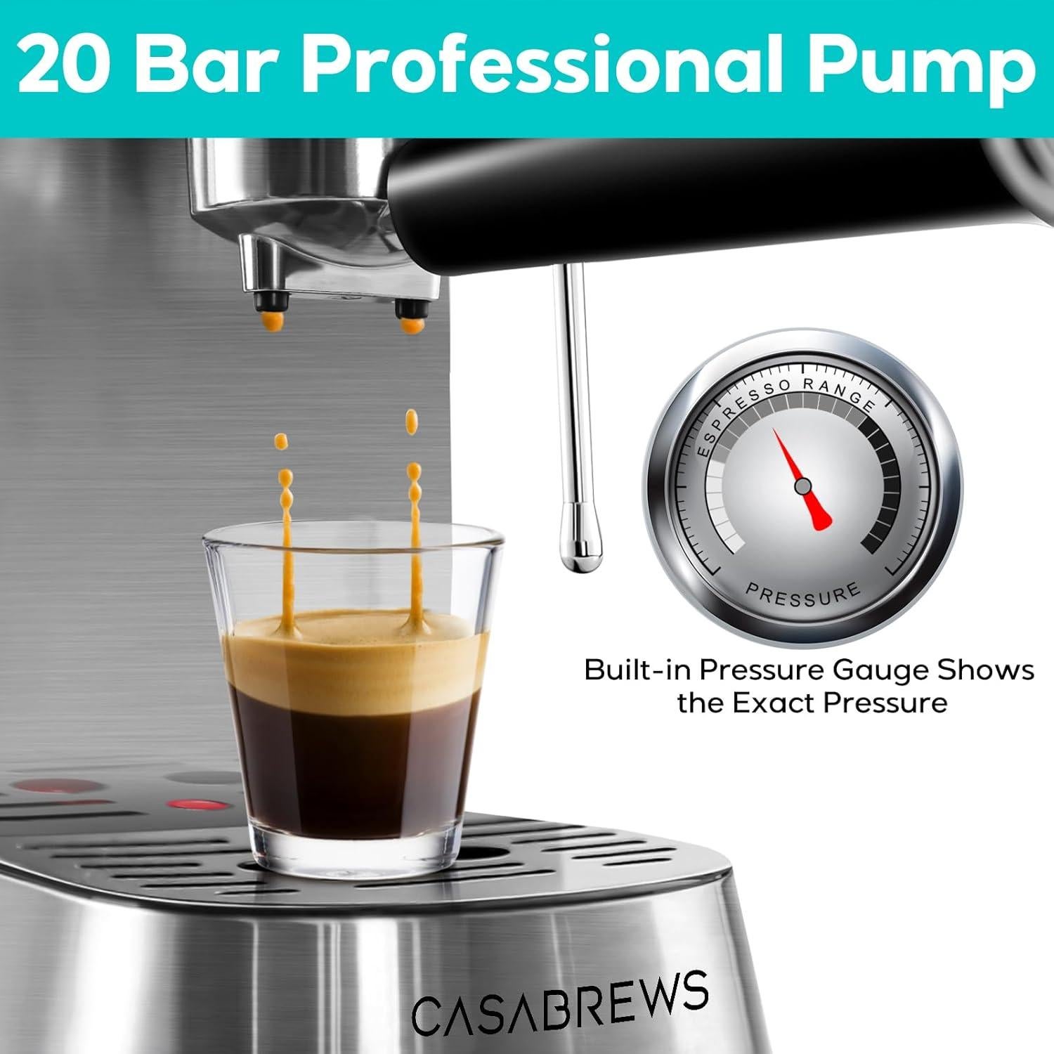 CASABREWS Espresso Machine 20 Bar, Compact Coffee Maker with 34oz Water Tank, Professional Cappuccino & Latte Machine with Milk Frother for Home, Stainless Steel