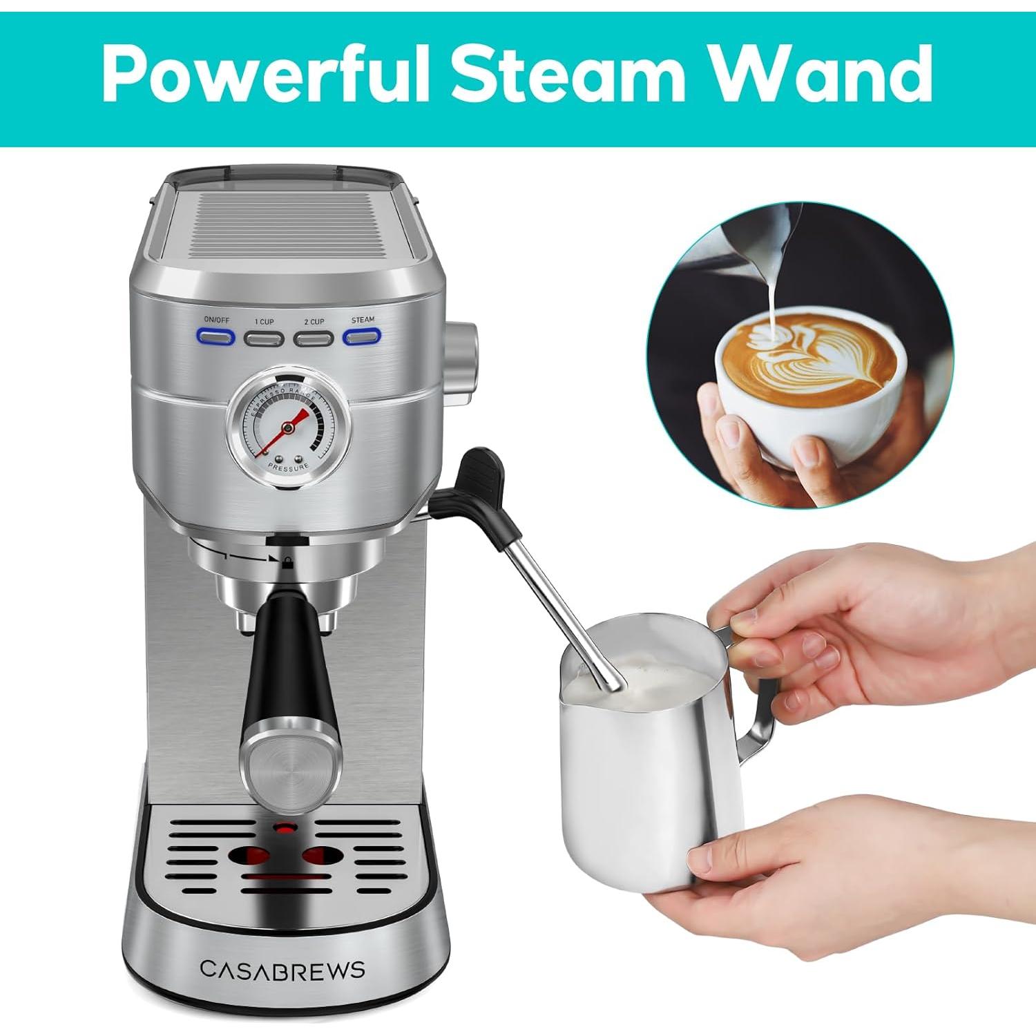 CASABREWS Espresso Machine 20 Bar, Compact Coffee Maker with 34oz Water Tank, Professional Cappuccino & Latte Machine with Milk Frother for Home, Stainless Steel