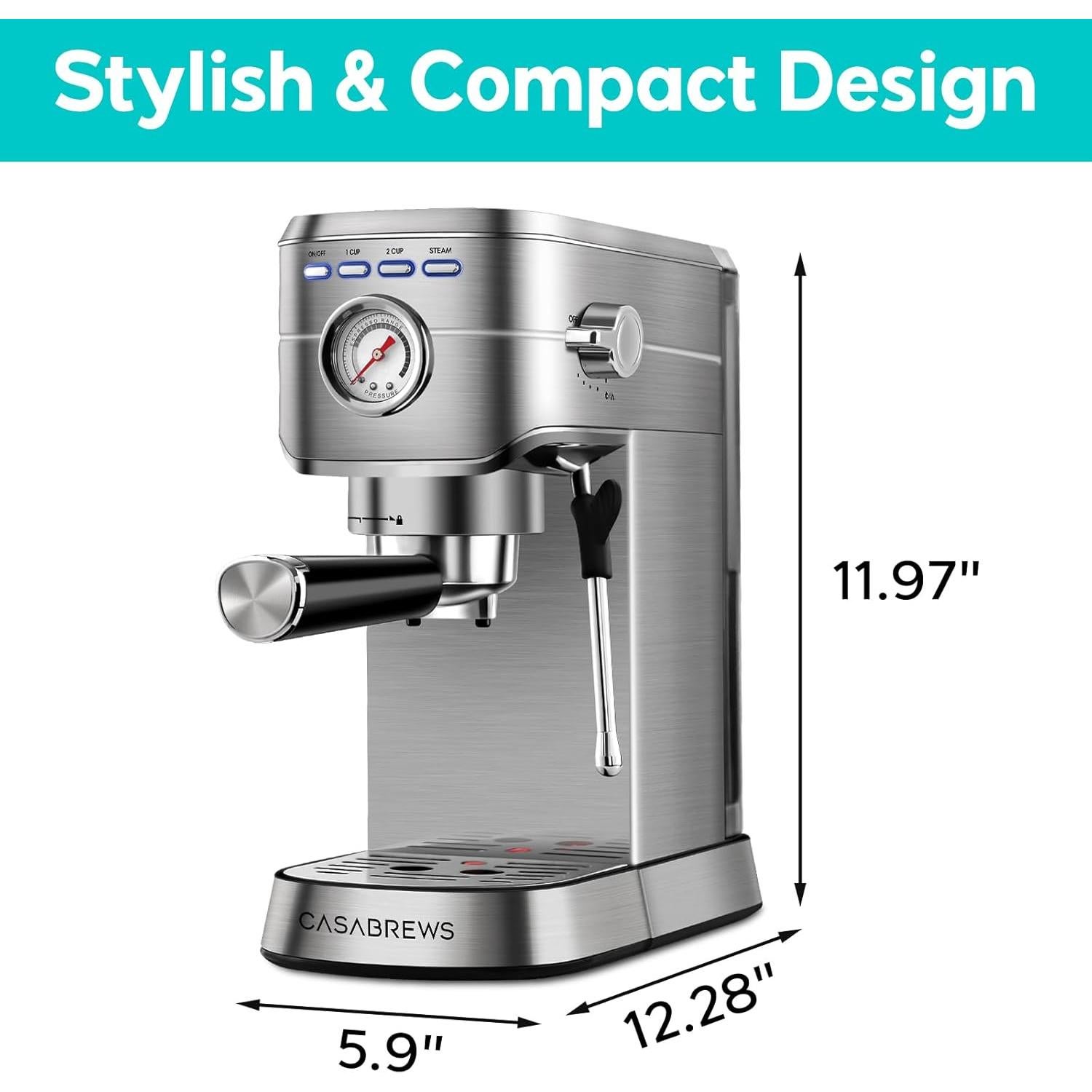 CASABREWS Espresso Machine 20 Bar, Compact Coffee Maker with 34oz Water Tank, Professional Cappuccino & Latte Machine with Milk Frother for Home, Stainless Steel