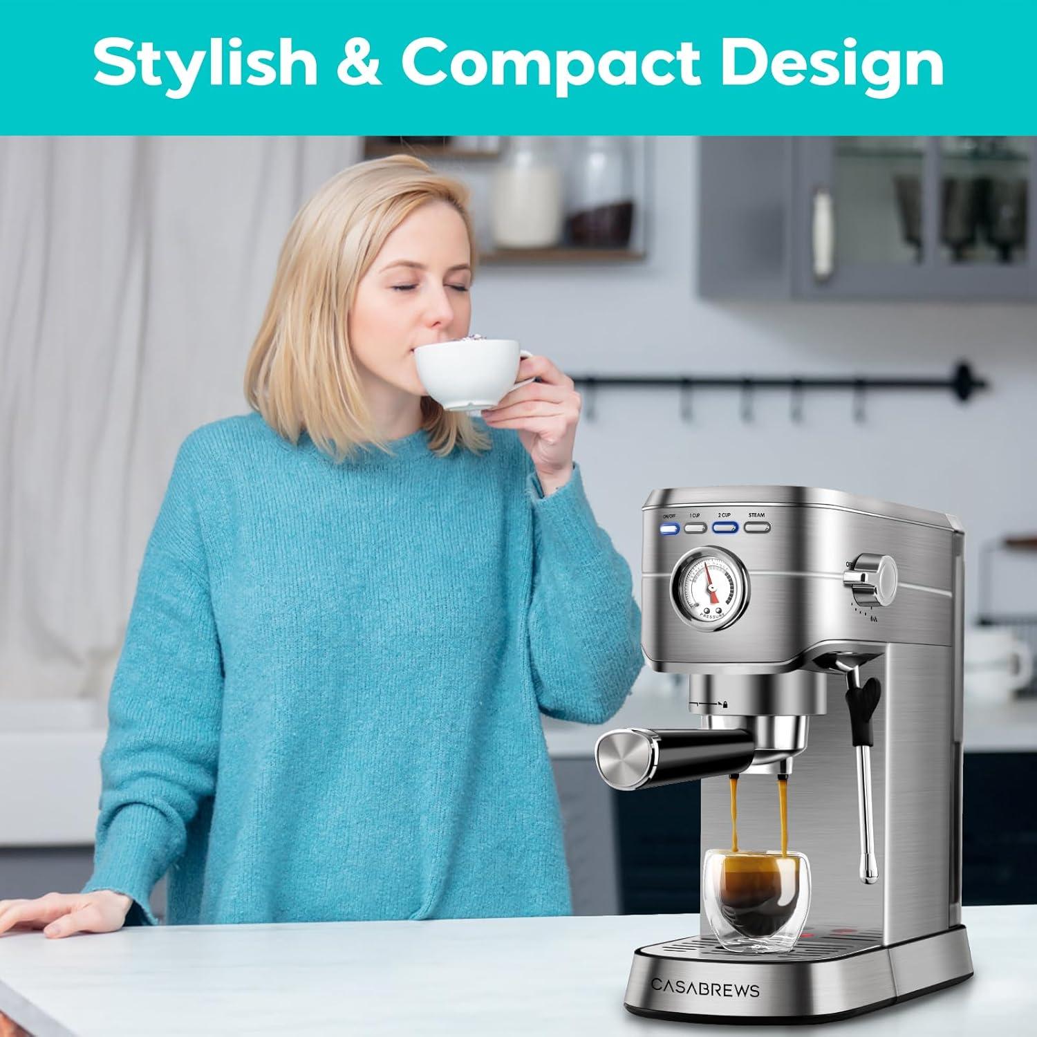 CASABREWS Espresso Machine 20 Bar, Compact Coffee Maker with 34oz Water Tank, Professional Cappuccino & Latte Machine with Milk Frother for Home, Stainless Steel