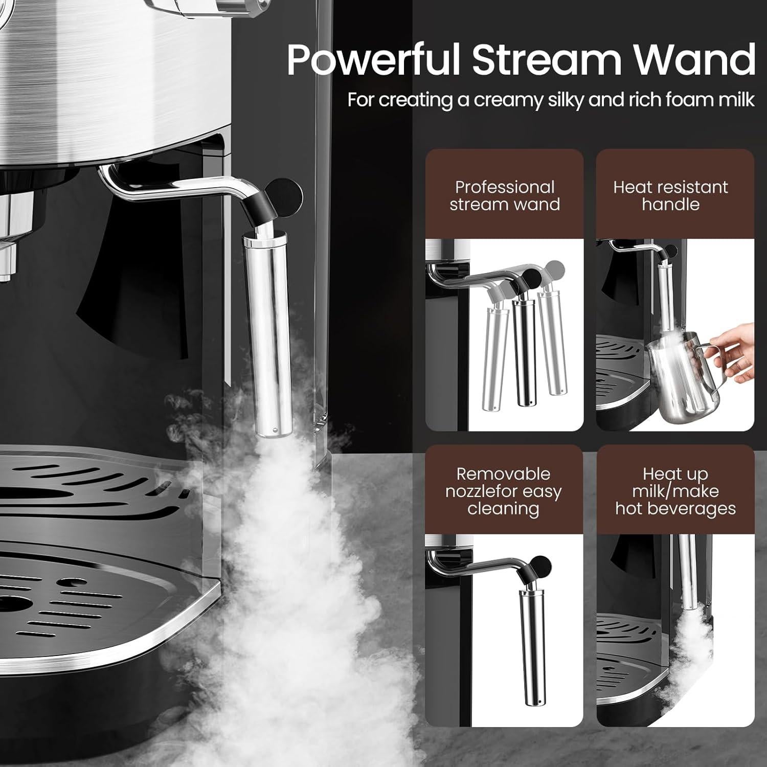 Espresso Machine 20 Bar, Professional Espresso Maker with Milk Frothing Steam Wand, Compact Coffee Machine with 45oz Removable Water Tank for Cappuccino, Latte, Gift, Black