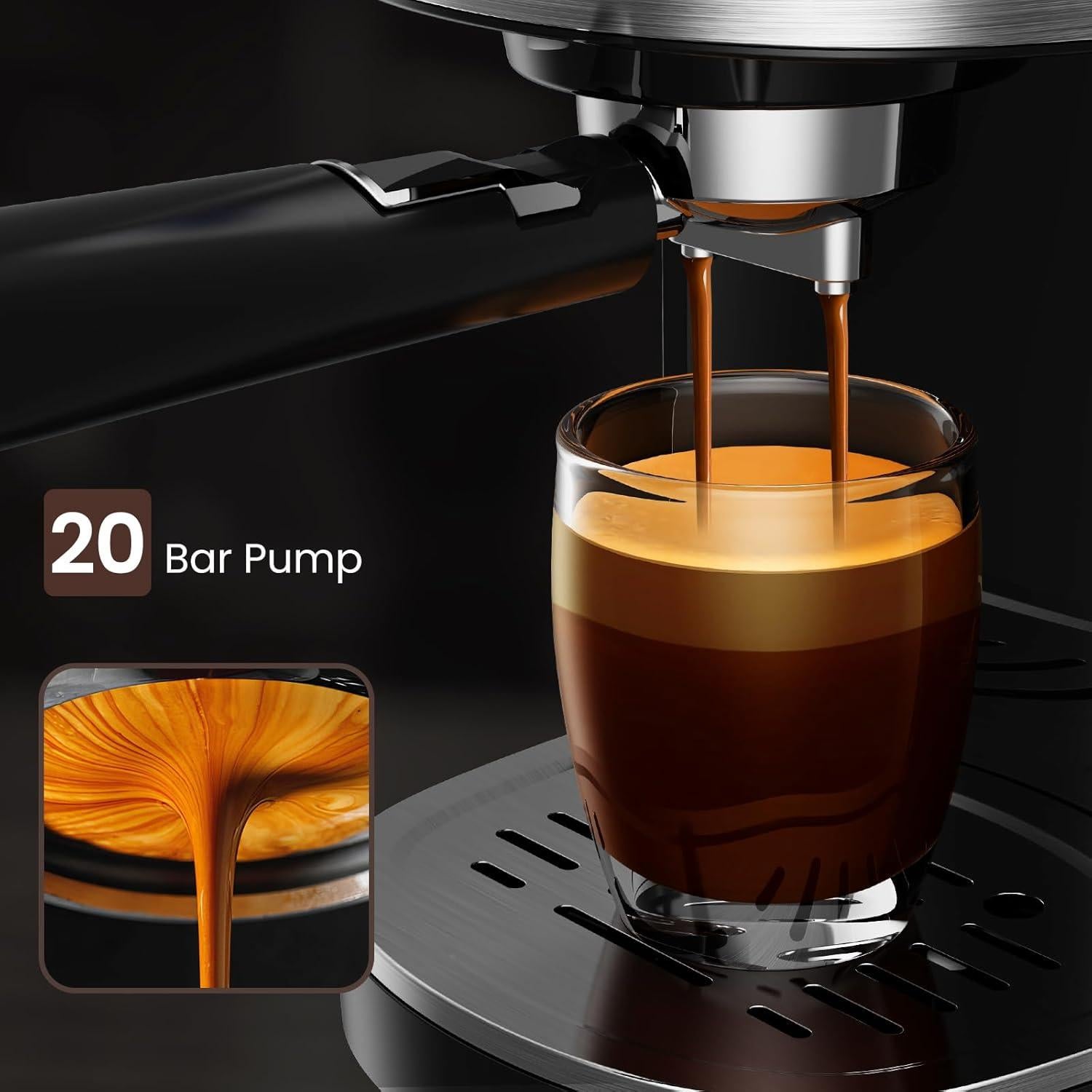 Espresso Machine 20 Bar, Professional Espresso Maker with Milk Frothing Steam Wand, Compact Coffee Machine with 45oz Removable Water Tank for Cappuccino, Latte, Gift, Black