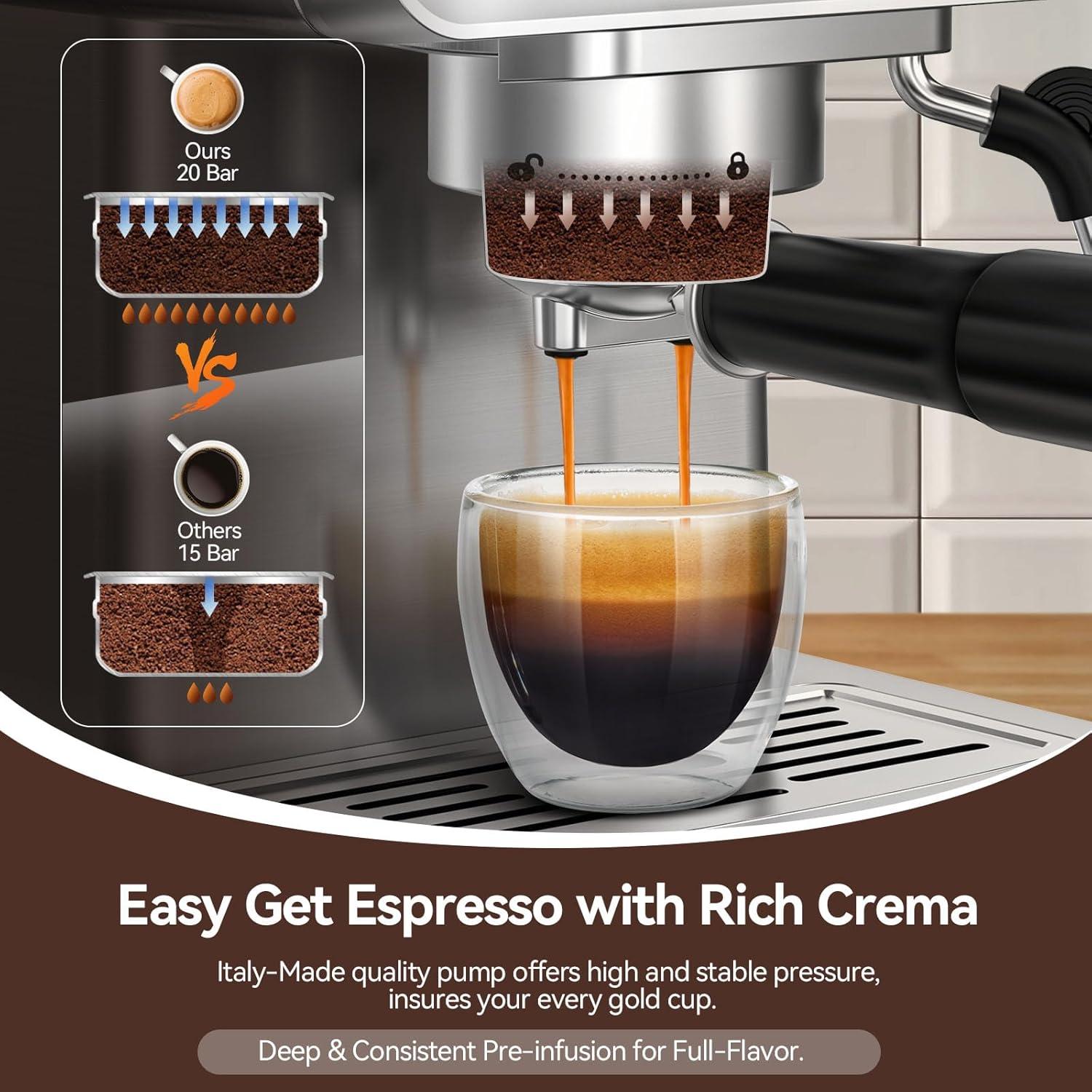 Espresso Machine 20 Bar with LCD Display, 60oz Water Tank, Dual Cup Coffee Maker with 266°F Steam Milk Frother, Stainless Steel Coffee Machine for Cappuccino & Latte – Compact & Easy to Use