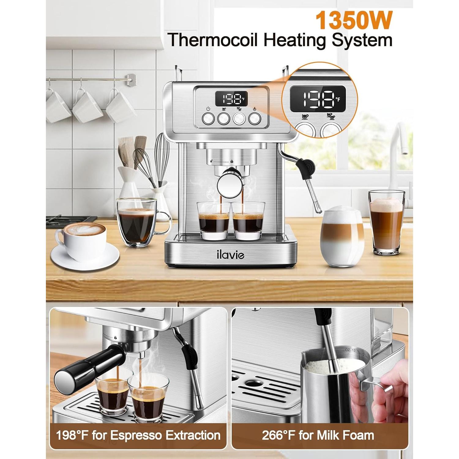 Espresso Machine 20 Bar with LCD Display, 60oz Water Tank, Dual Cup Coffee Maker with 266°F Steam Milk Frother, Stainless Steel Coffee Machine for Cappuccino & Latte – Compact & Easy to Use