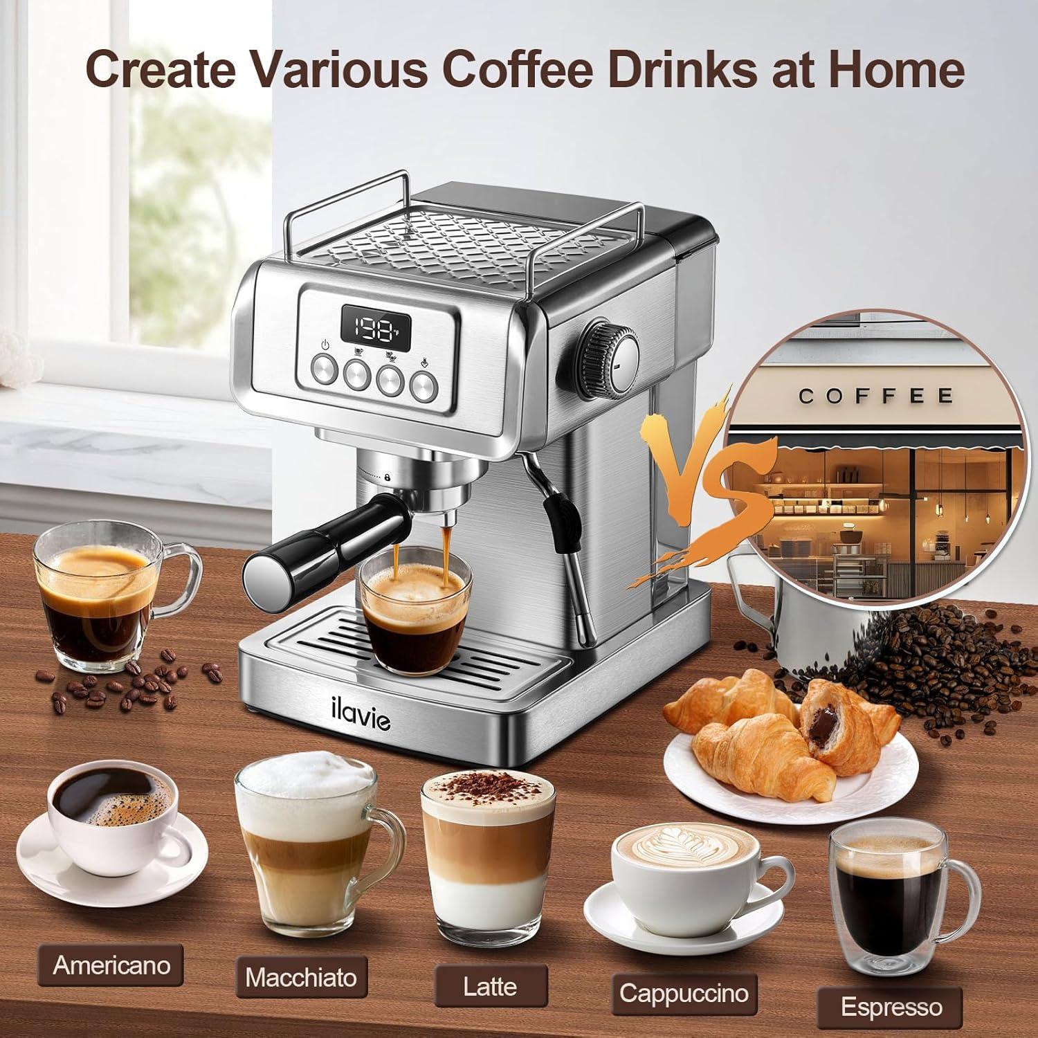 Espresso Machine 20 Bar with LCD Display, 60oz Water Tank, Dual Cup Coffee Maker with 266°F Steam Milk Frother, Stainless Steel Coffee Machine for Cappuccino & Latte – Compact & Easy to Use