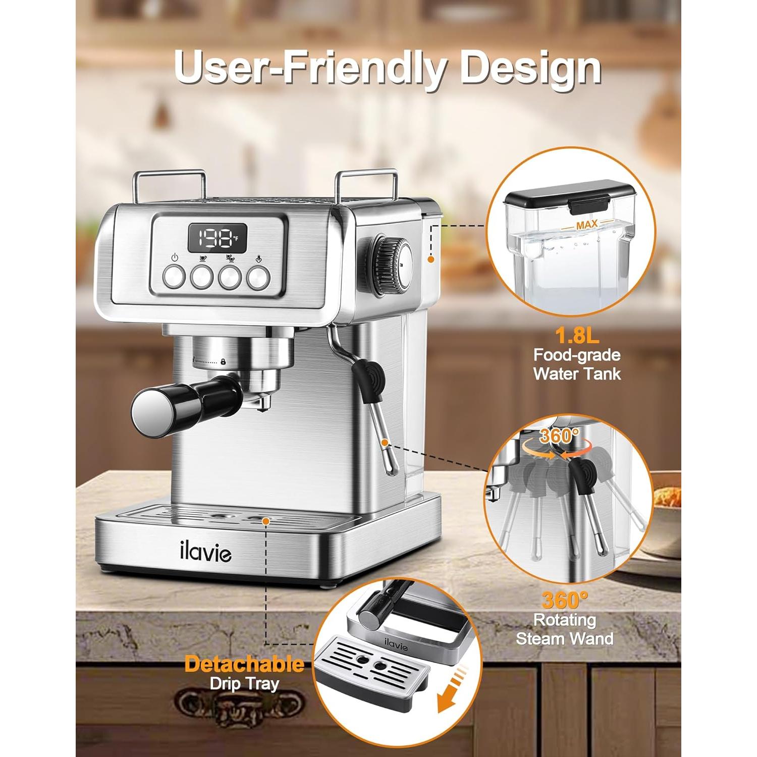 Espresso Machine 20 Bar with LCD Display, 60oz Water Tank, Dual Cup Coffee Maker with 266°F Steam Milk Frother, Stainless Steel Coffee Machine for Cappuccino & Latte – Compact & Easy to Use