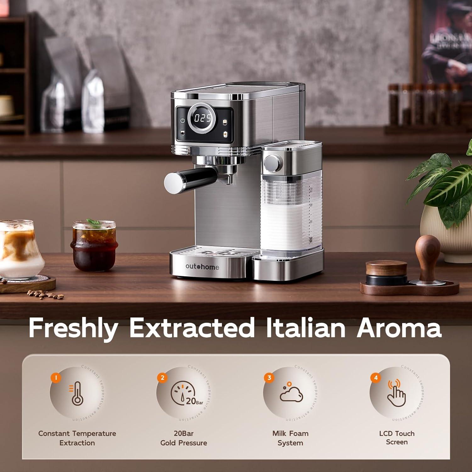 Cafetera Espresso Outohome CM1635 20 Bar Acero Inoxidable 1350W