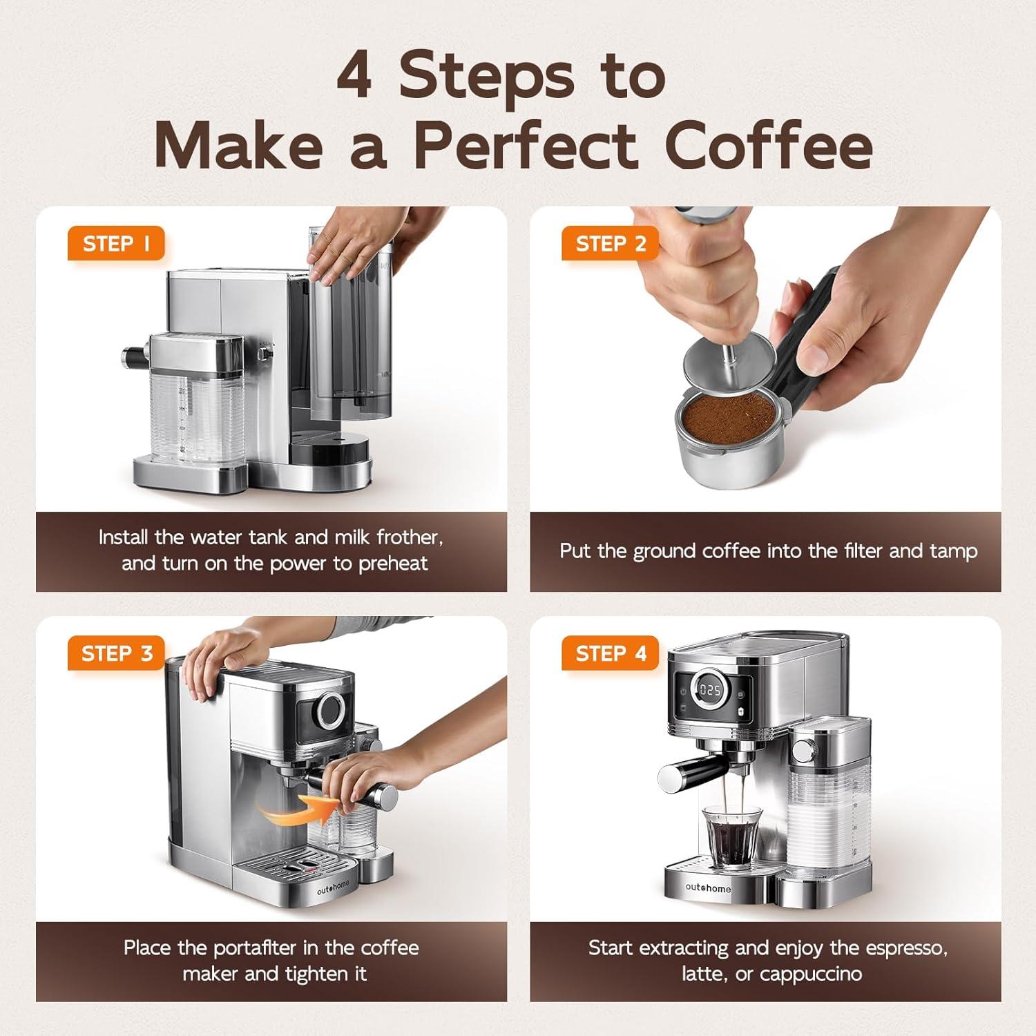 Cafetera Espresso Outohome CM1635 20 Bar Acero Inoxidable 1350W