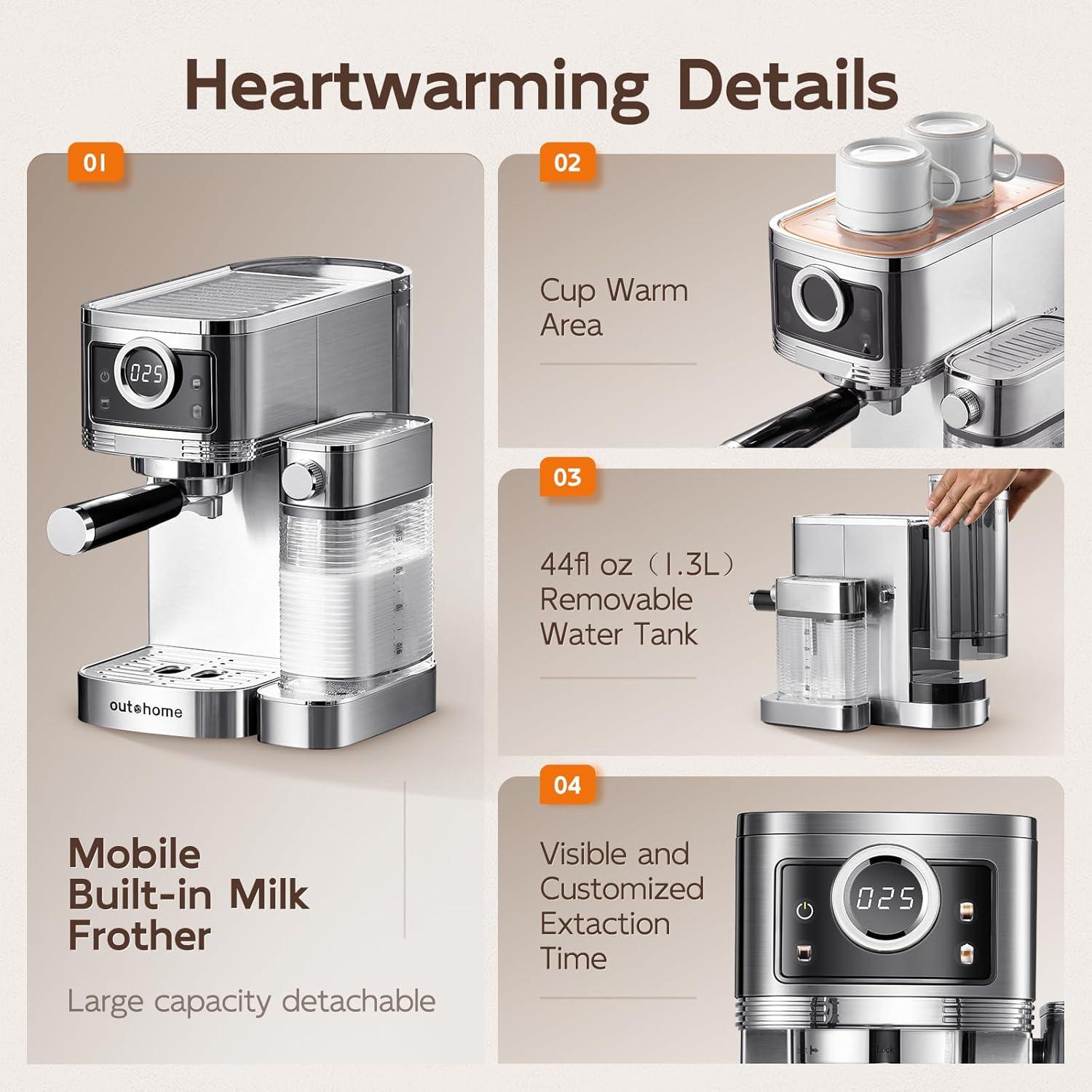Cafetera Espresso Outohome CM1635 20 Bar Acero Inoxidable 1350W