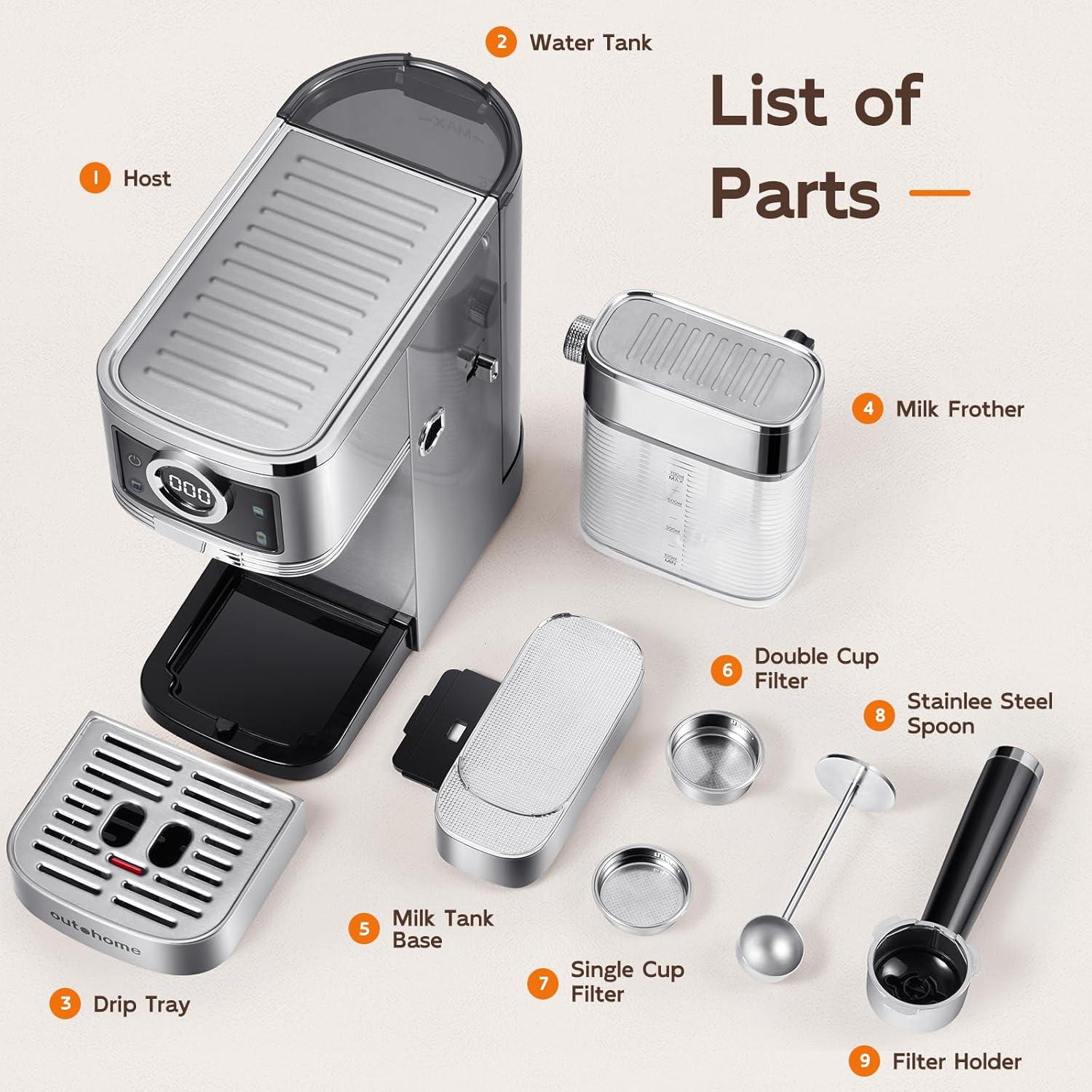 Cafetera Espresso Outohome CM1635 20 Bar Acero Inoxidable 1350W