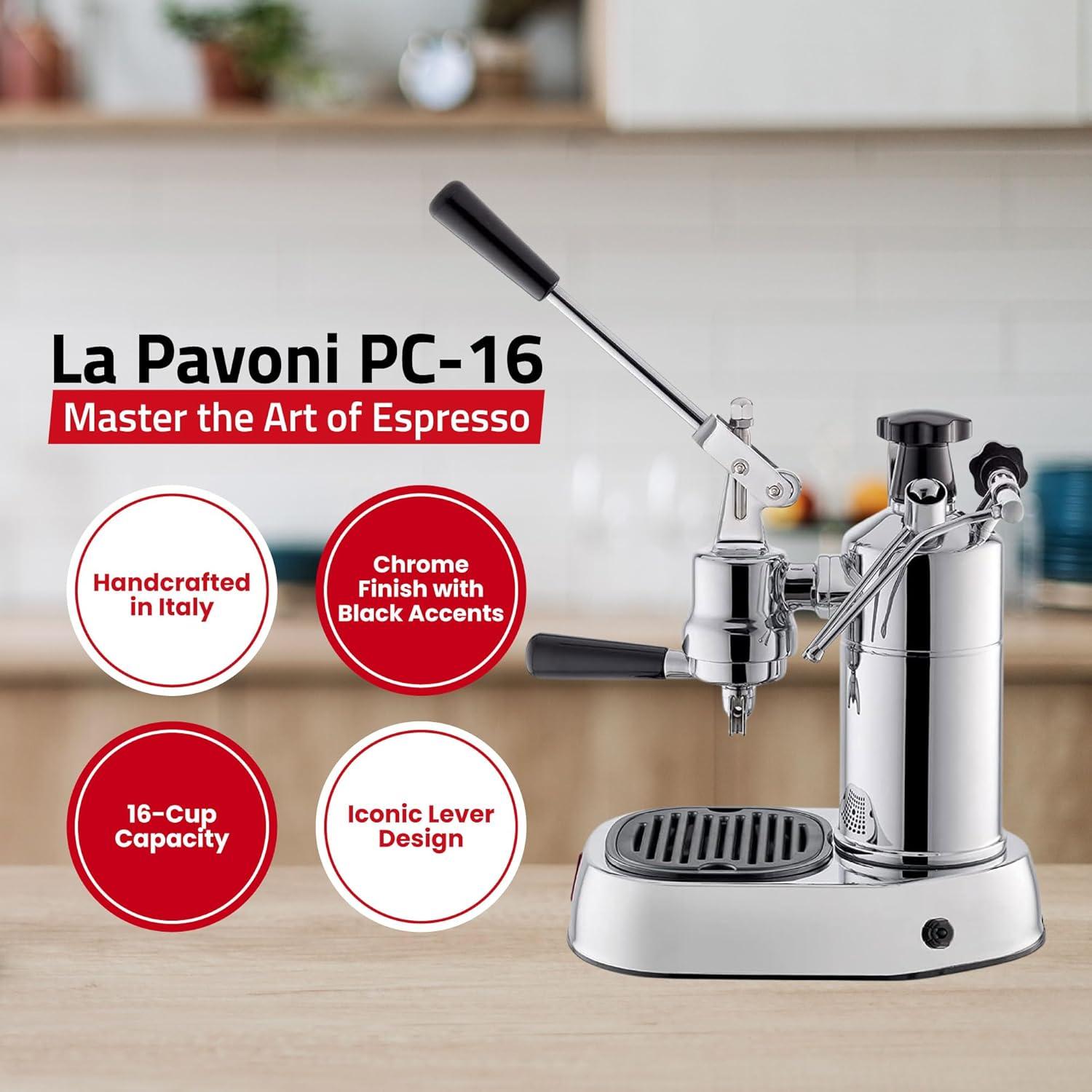 La Pavoni PC-16 Professional Espresso Machine - 16-Cup Capacity Lever Espresso Maker - Chrome Finish- Solid Brass 38oz Boiler - Dual Frothing Systems & Mounted Pressure Gauge - Made in Italy