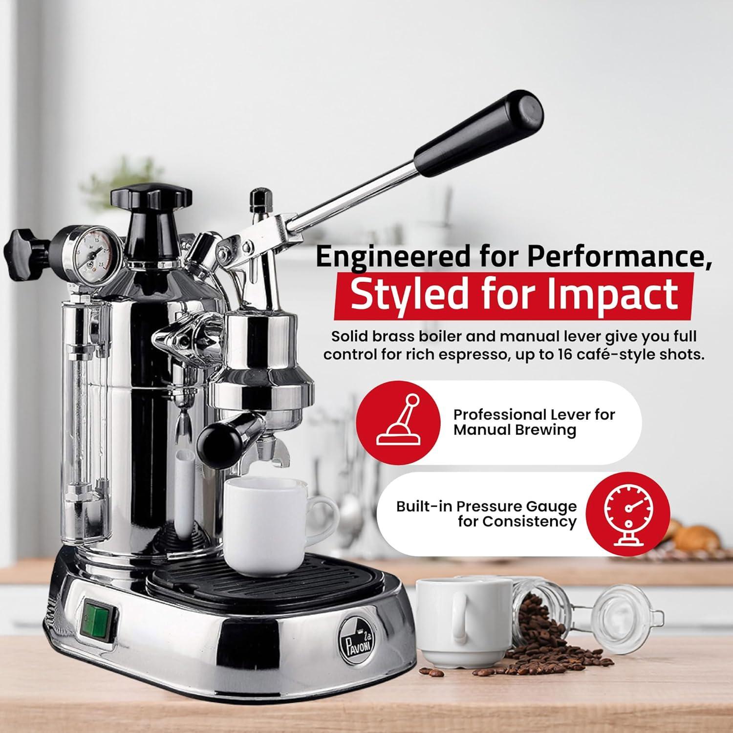 La Pavoni PC-16 Professional Espresso Machine - 16-Cup Capacity Lever Espresso Maker - Chrome Finish- Solid Brass 38oz Boiler - Dual Frothing Systems & Mounted Pressure Gauge - Made in Italy