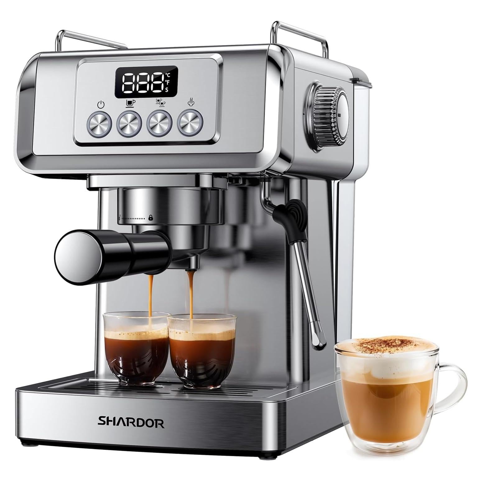 SHARDOR Espresso Machine 20 Bar with Milk Frother Steam Wand, Professional Latte & Cappuccino Maker for Home, 60 Oz Water Tank, Temperature Display, Stainless Steel, 1350W