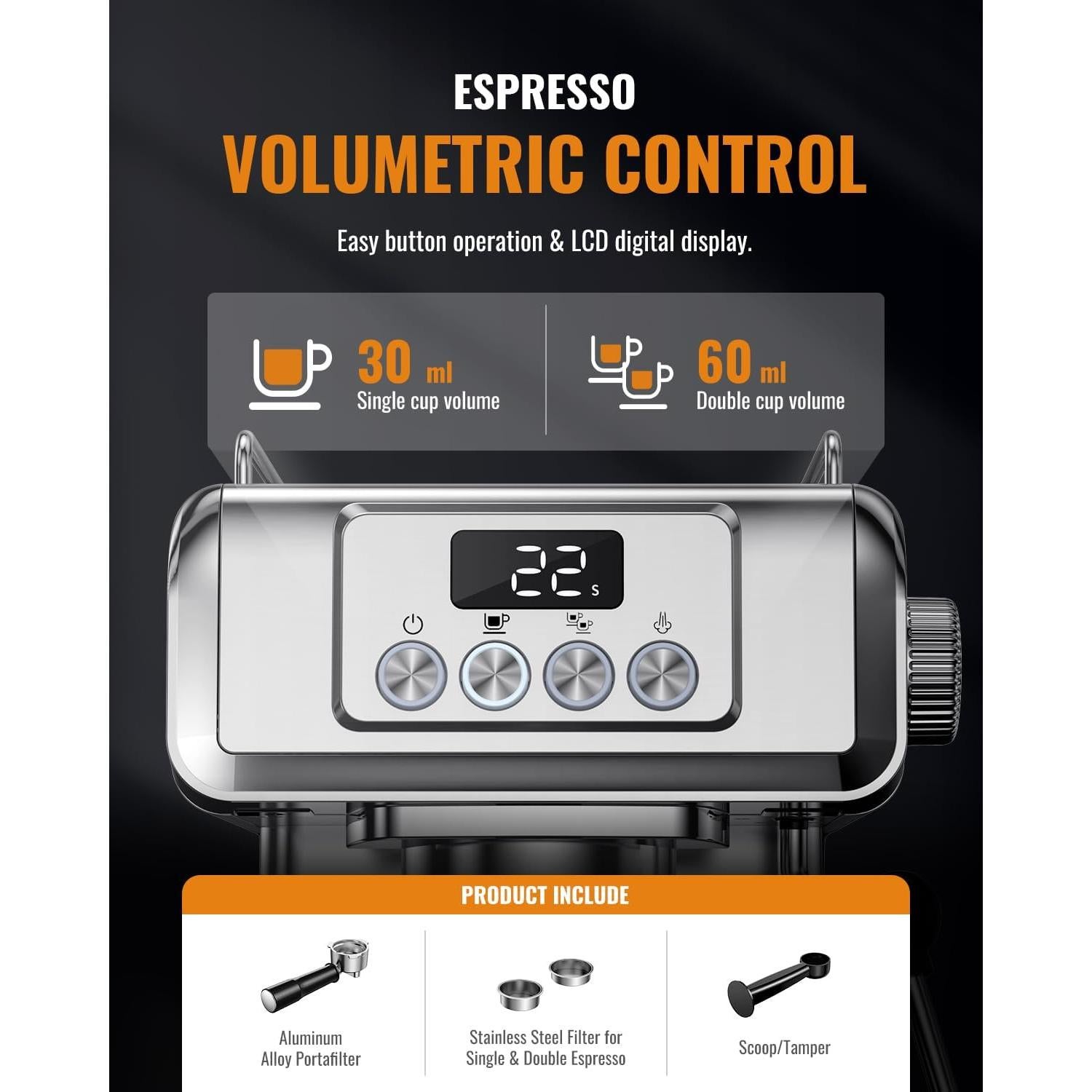 SHARDOR Espresso Machine 20 Bar with Milk Frother Steam Wand, Professional Latte & Cappuccino Maker for Home, 60 Oz Water Tank, Temperature Display, Stainless Steel, 1350W