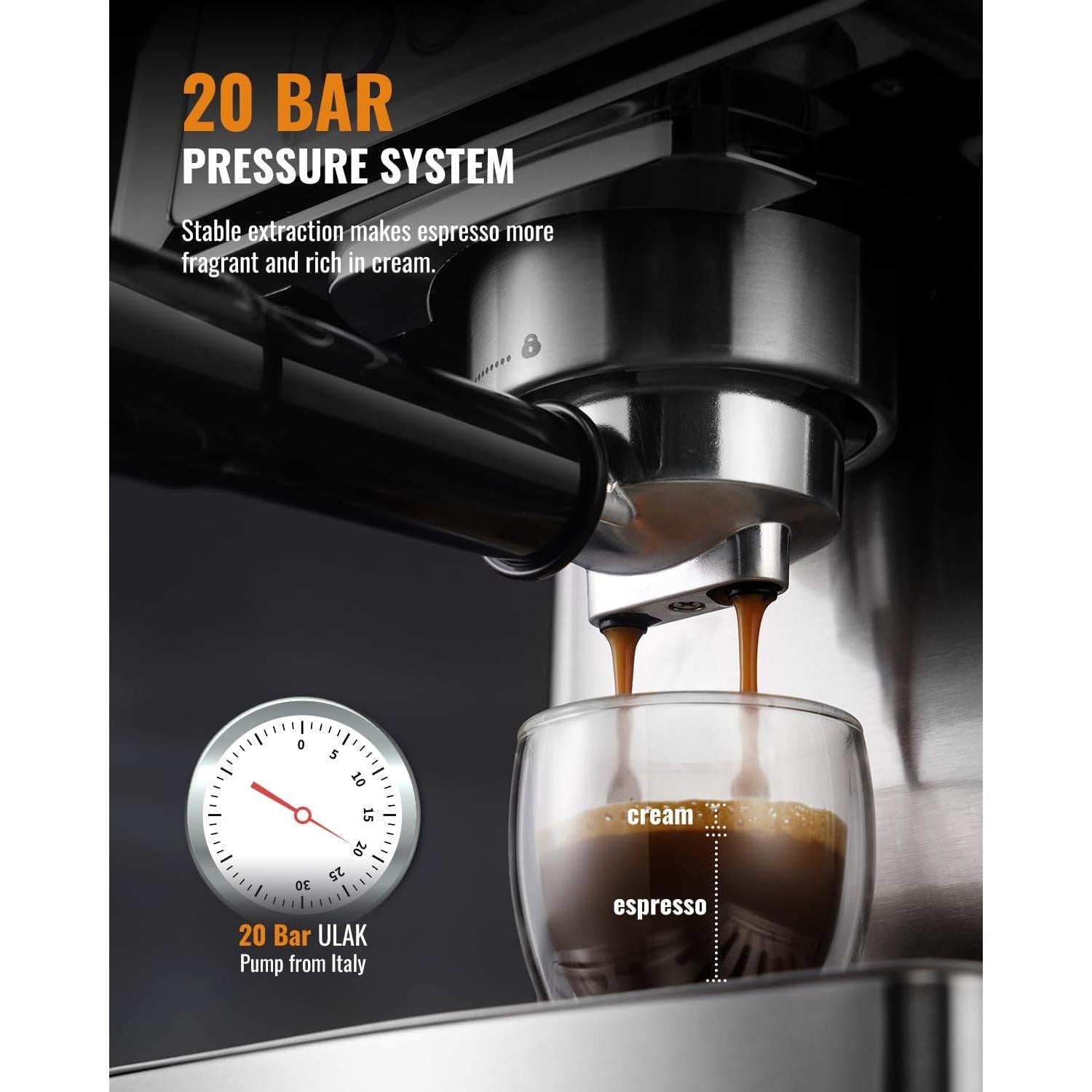 SHARDOR Espresso Machine 20 Bar with Milk Frother Steam Wand, Professional Latte & Cappuccino Maker for Home, 60 Oz Water Tank, Temperature Display, Stainless Steel, 1350W