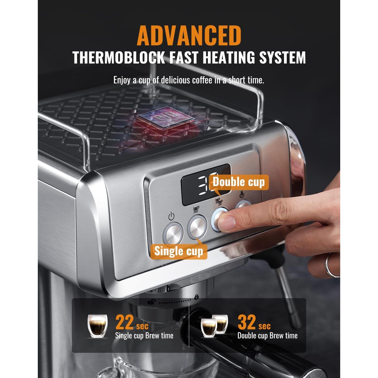 SHARDOR Espresso Machine 20 Bar with Milk Frother Steam Wand, Professional Latte & Cappuccino Maker for Home, 60 Oz Water Tank, Temperature Display, Stainless Steel, 1350W