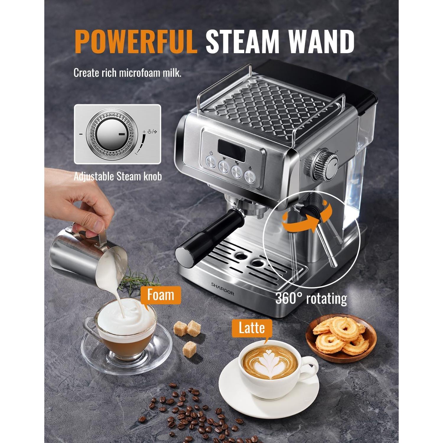 SHARDOR Espresso Machine 20 Bar with Milk Frother Steam Wand, Professional Latte & Cappuccino Maker for Home, 60 Oz Water Tank, Temperature Display, Stainless Steel, 1350W