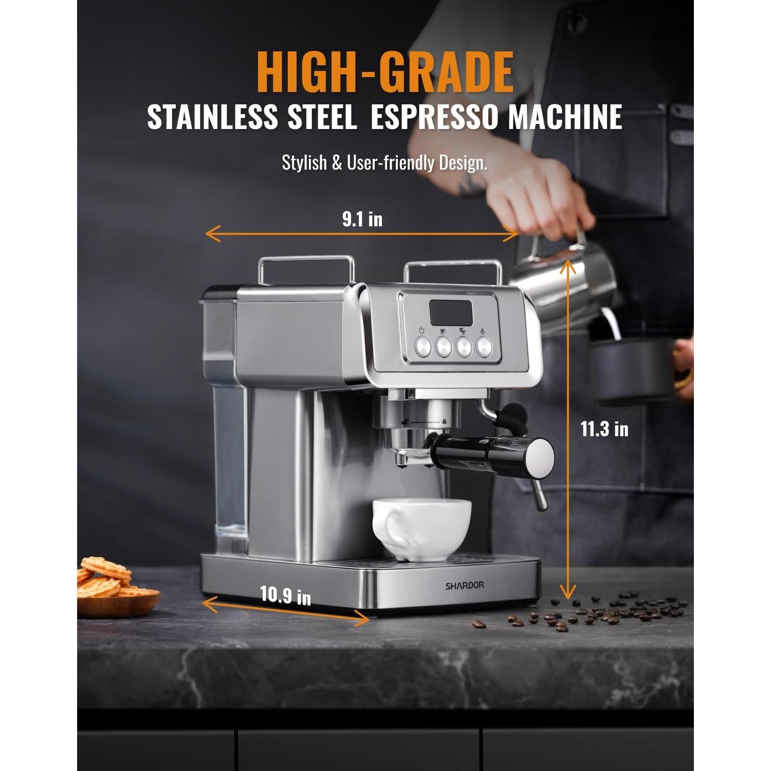 SHARDOR Espresso Machine 20 Bar with Milk Frother Steam Wand, Professional Latte & Cappuccino Maker for Home, 60 Oz Water Tank, Temperature Display, Stainless Steel, 1350W