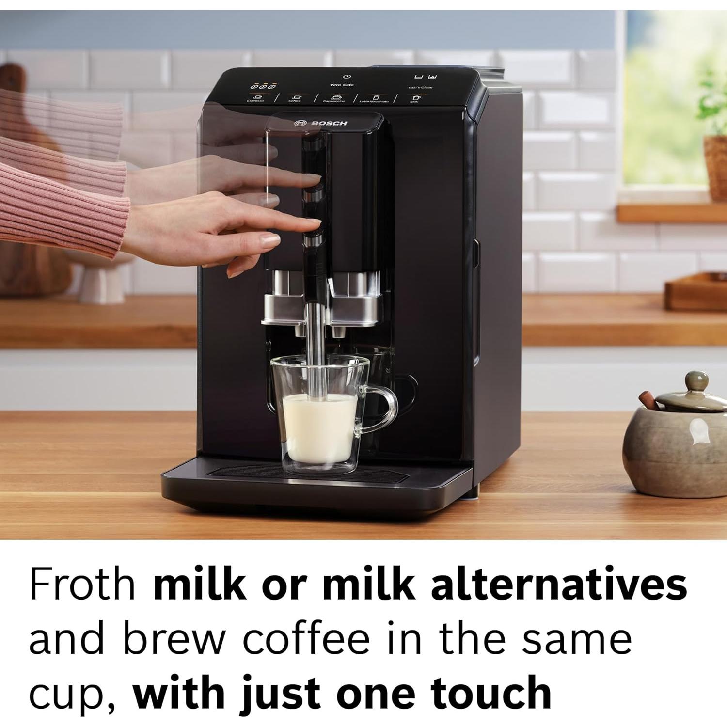 Bosch 300 Series Fully Automatic Espresso and Coffee Machine – In-Cup Frother, OneTouch Milk Drinks, 5 Drink Options, Ceramic Grinder, Easy Clean & Descale, in Black TIU20109