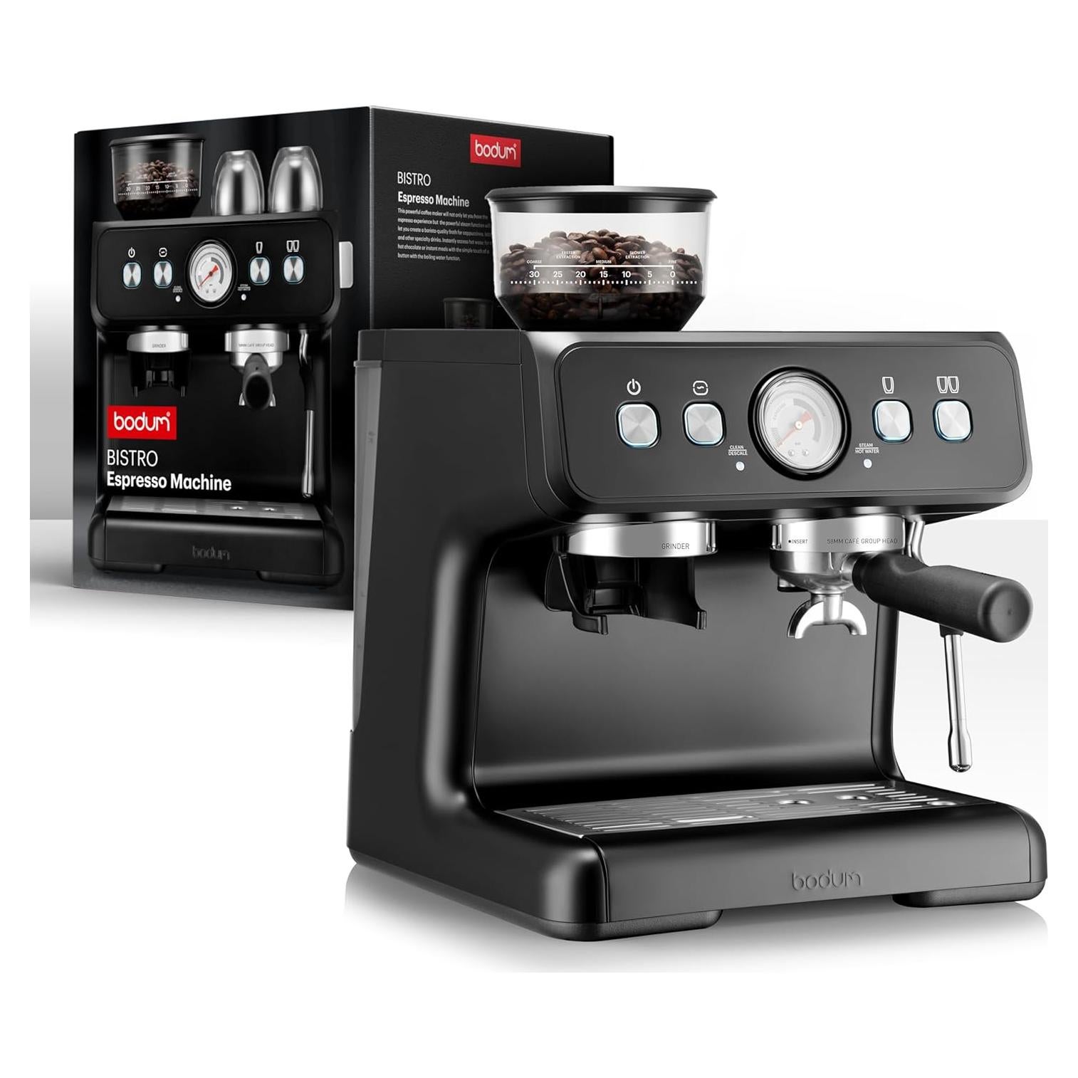 Bodum Bistro Electric Espresso Machine, Stainless Steel Burr Grinder, Milk Frother Steam Wand, Black