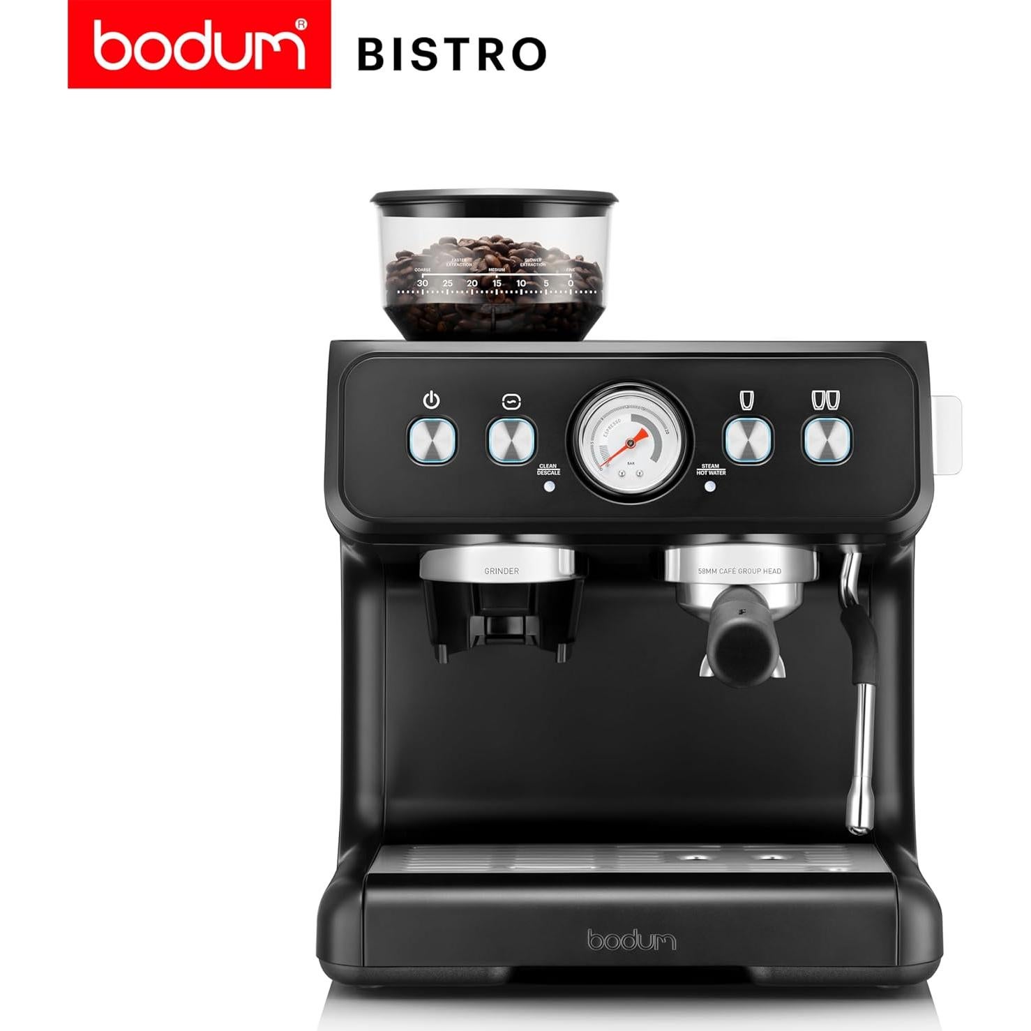 Bodum Bistro Electric Espresso Machine, Stainless Steel Burr Grinder, Milk Frother Steam Wand, Black