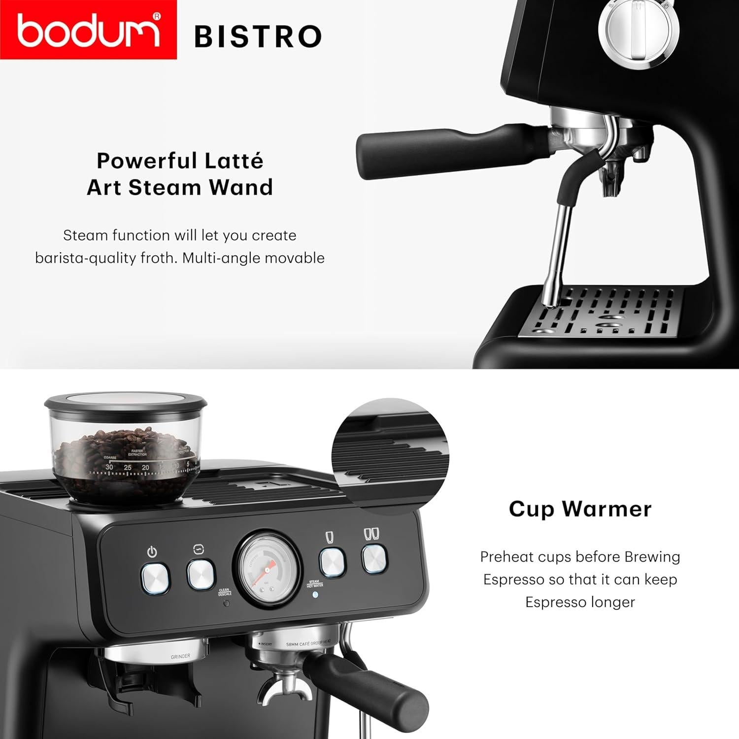 Bodum Bistro Electric Espresso Machine, Stainless Steel Burr Grinder, Milk Frother Steam Wand, Black