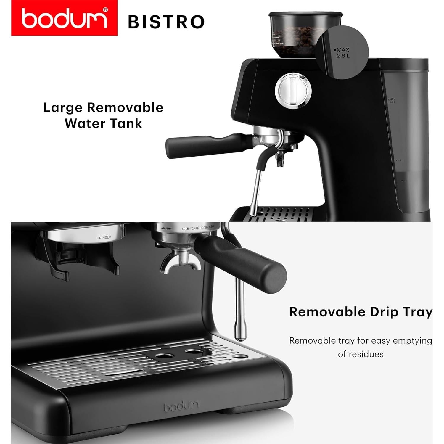 Bodum Bistro Electric Espresso Machine, Stainless Steel Burr Grinder, Milk Frother Steam Wand, Black