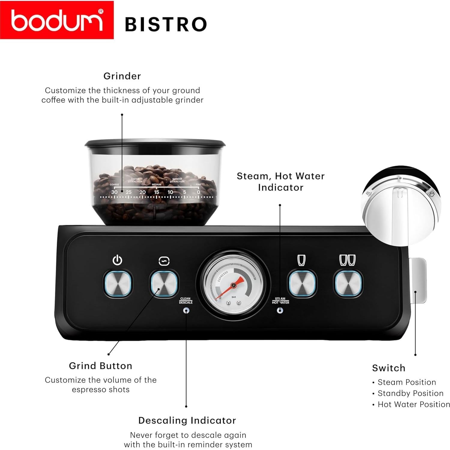 Bodum Bistro Electric Espresso Machine, Stainless Steel Burr Grinder, Milk Frother Steam Wand, Black