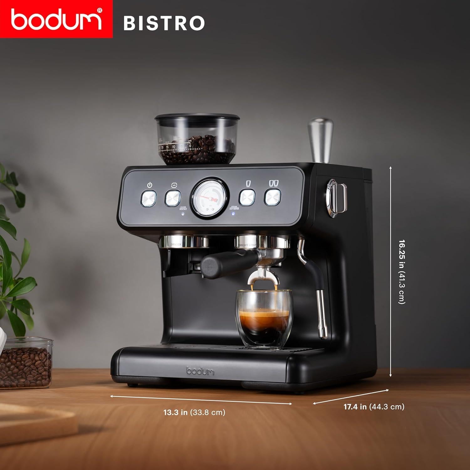Bodum Bistro Electric Espresso Machine, Stainless Steel Burr Grinder, Milk Frother Steam Wand, Black