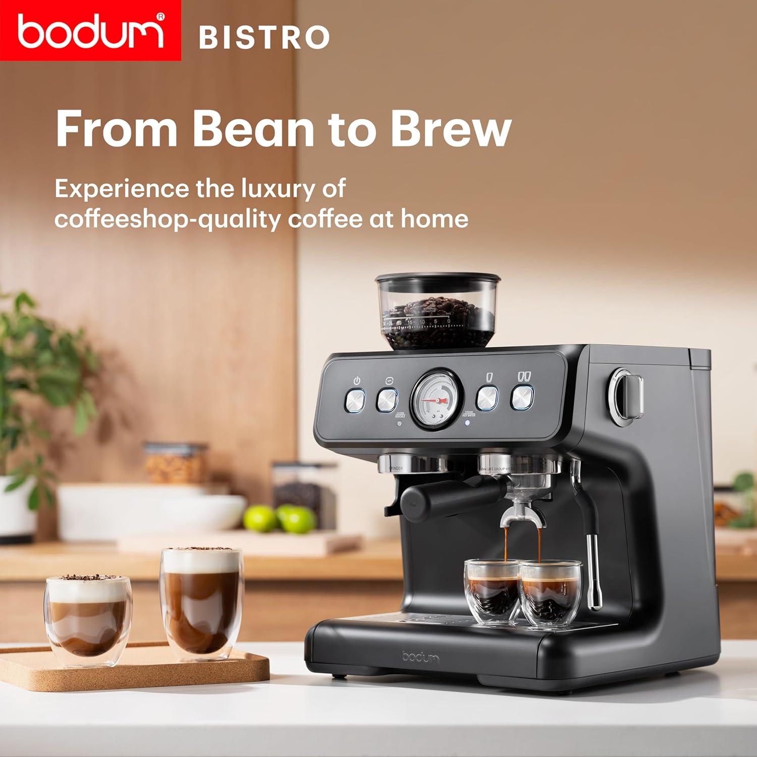 Bodum Bistro Electric Espresso Machine, Stainless Steel Burr Grinder, Milk Frother Steam Wand, Black