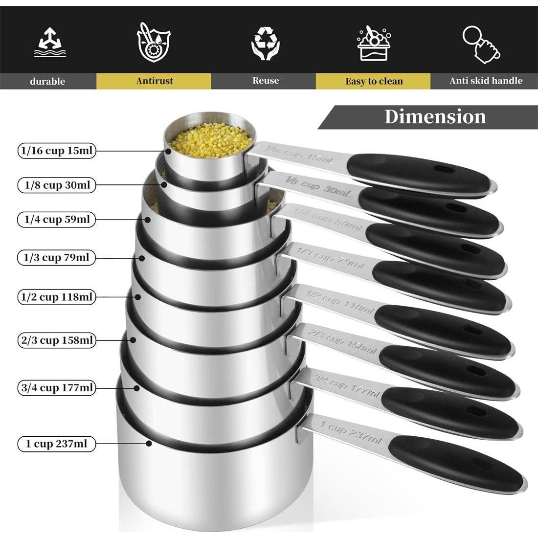 Juego de 16 Tazas y Cucharas de Medición KELOFKO Acero Inoxidable