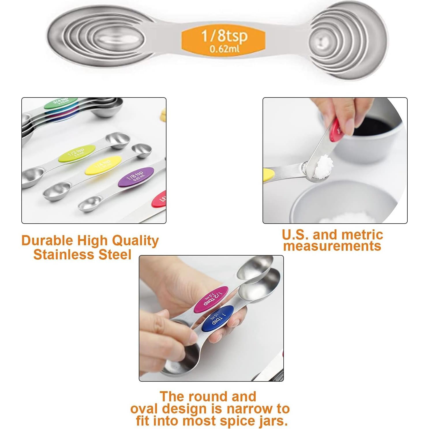Juego de Cucharas Medidoras Magnéticas Acero Inoxidable 8 Pzas