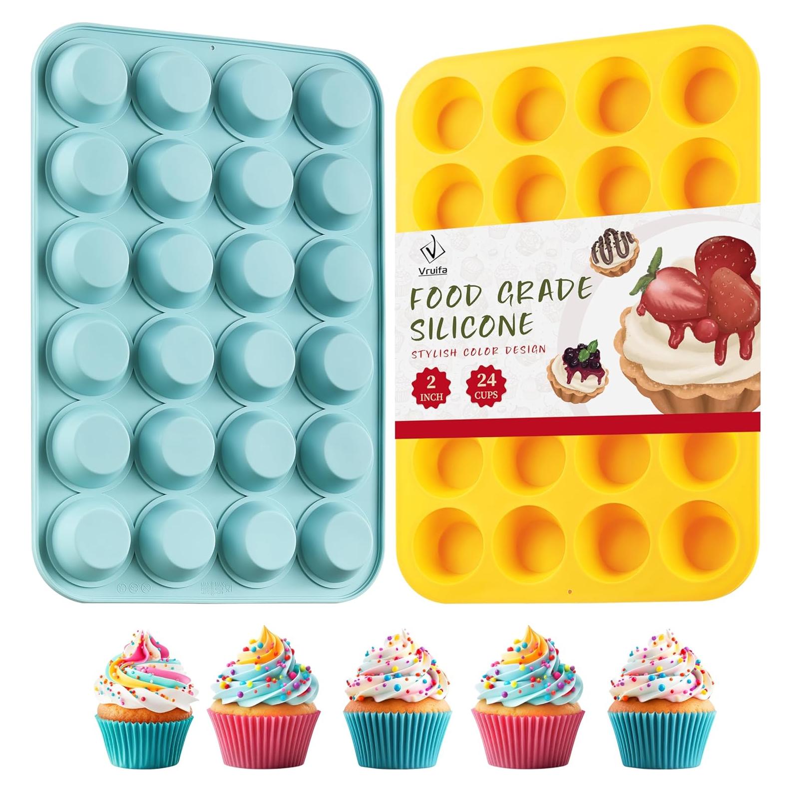 Juego de 2 moldes de silicona VRUIFA para mini muffins 24 tazas