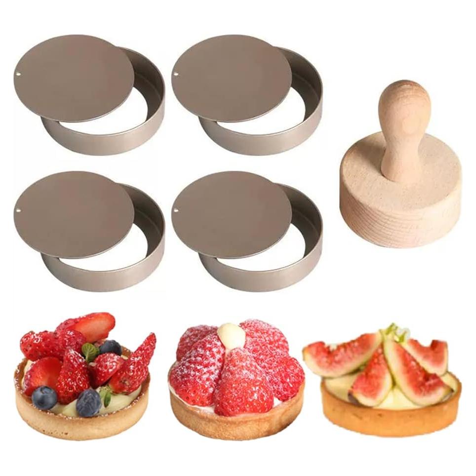 KALAIEN 4 Packs Mini Tart Pans with Removable Bottom 3” Reusable Non-Stick Egg Tart Mold with Tart Tamper for Cheesecake Muffin Pan