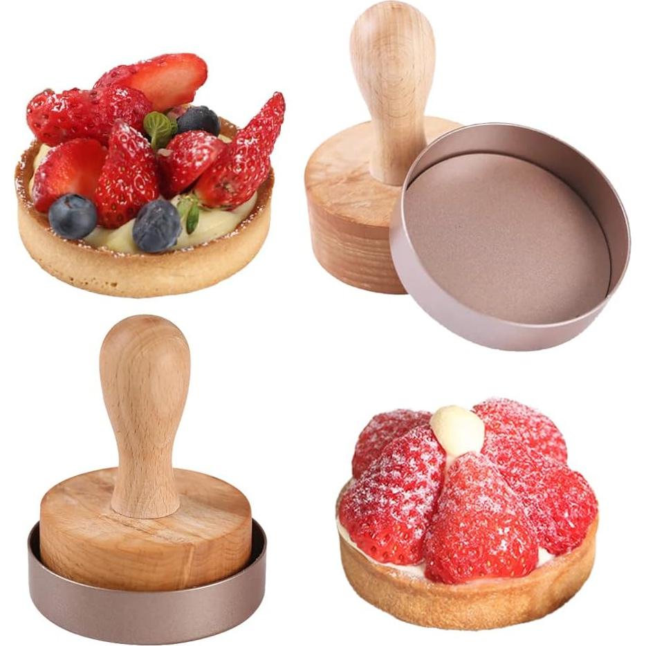 KALAIEN 4 Packs Mini Tart Pans with Removable Bottom 3” Reusable Non-Stick Egg Tart Mold with Tart Tamper for Cheesecake Muffin Pan