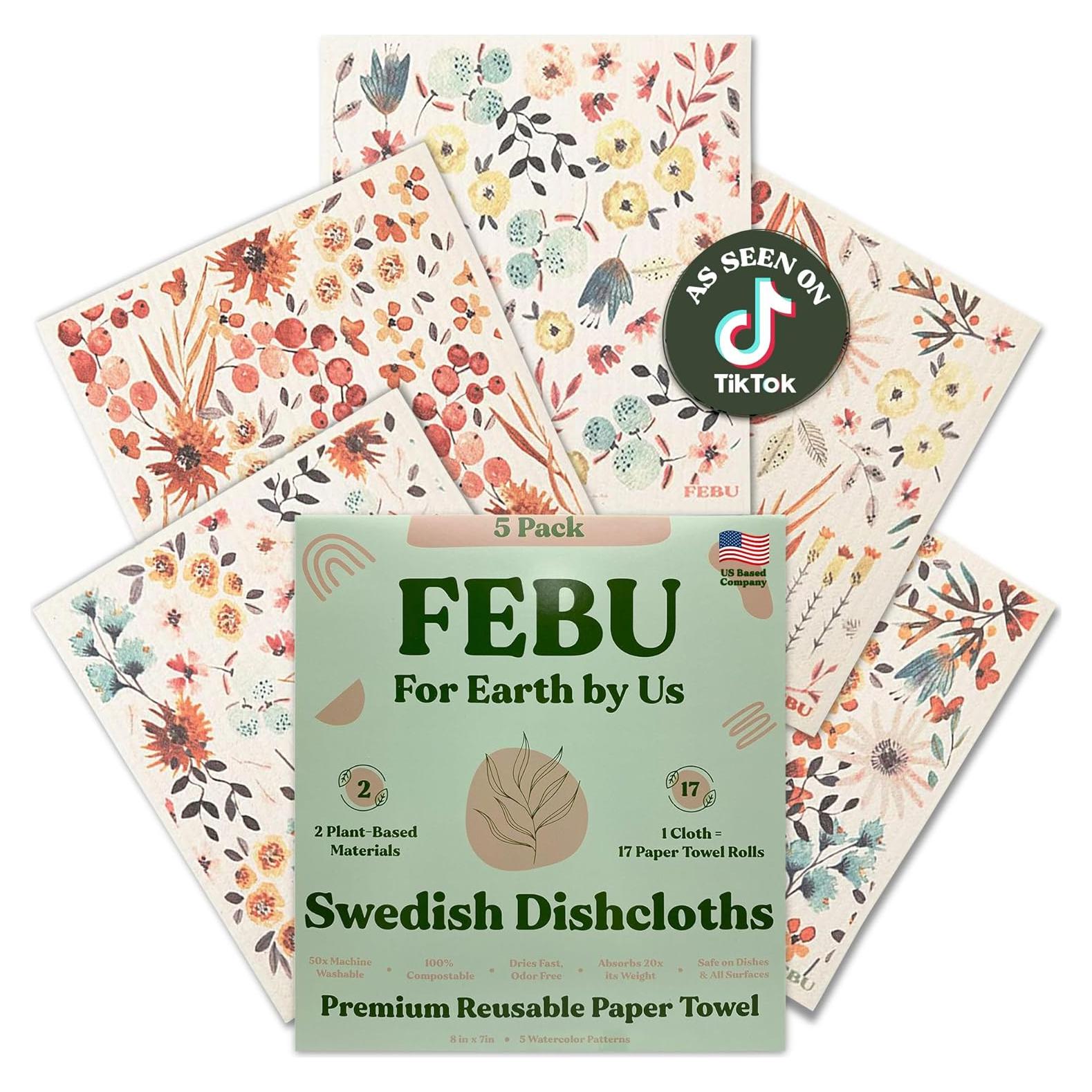 Paños de Cocina Reutilizables FEBU Acuarela Floral - 5 Piezas