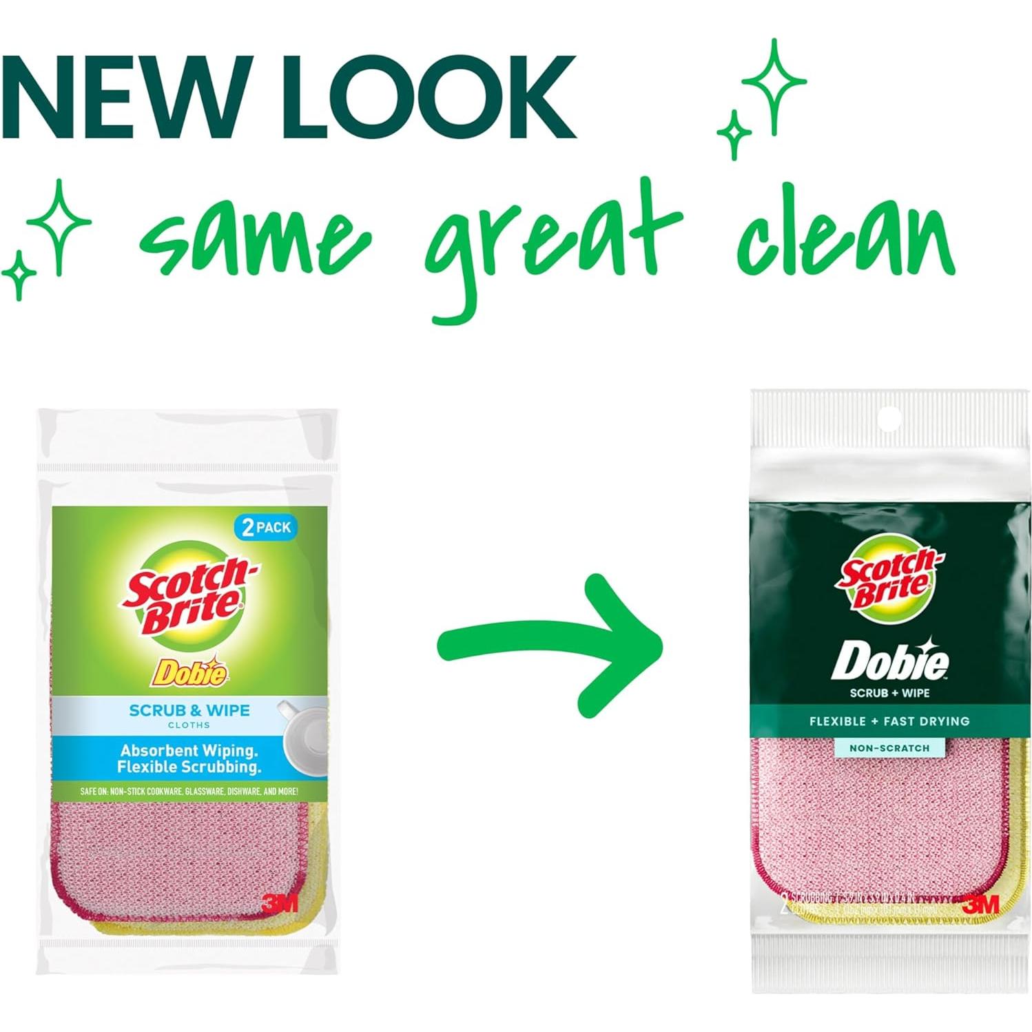 Scotch-Brite Dobie Scrub & Wipe Cloths, Sponge Cloths for Cleaning Kitchen, Bathroom, and Household, Dobie Scrub and Wipe Cloth Absorbs and Doesn't Scratch, 2 Cleaning Cloths