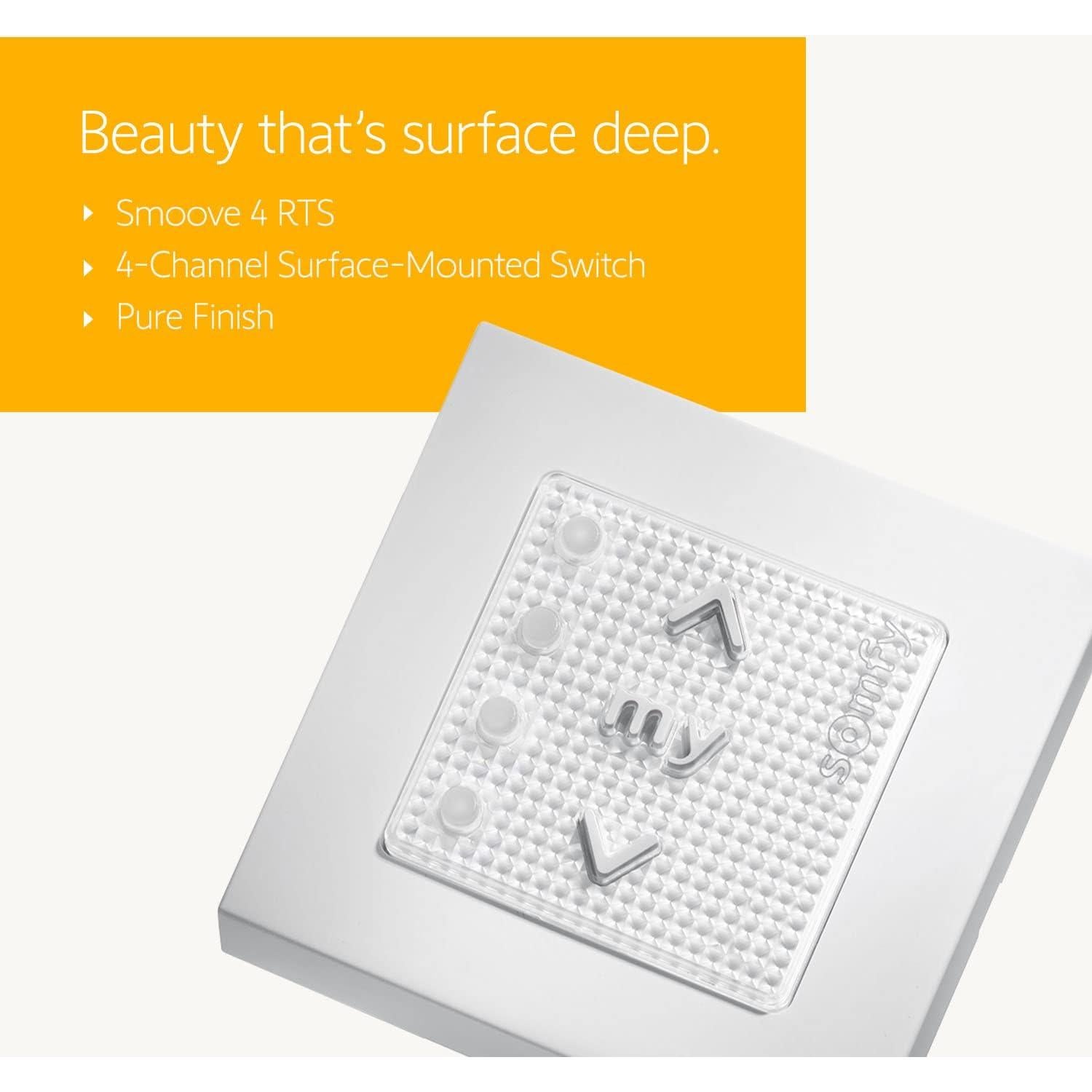 Somfy Smoove 4 RTS Pure - 4-Channel Wall Mount Control for Motorized Shades, Curtains, Blinds - Easy Install, No Electrician Needed - #1811748