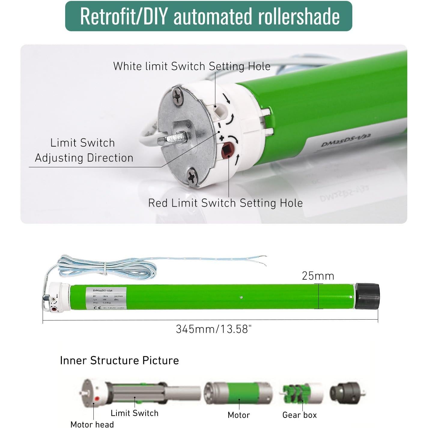 Motor Eléctrico de Sombra Rodante HUIYEETEX DM25DS 12V